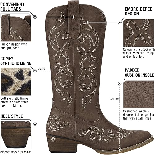 Miniatura 3 de HISEA Rollda - Botas vaqueras occidentales para mujer, botas vaqueras con tacón grueso, botas de media pantorrilla para mujer