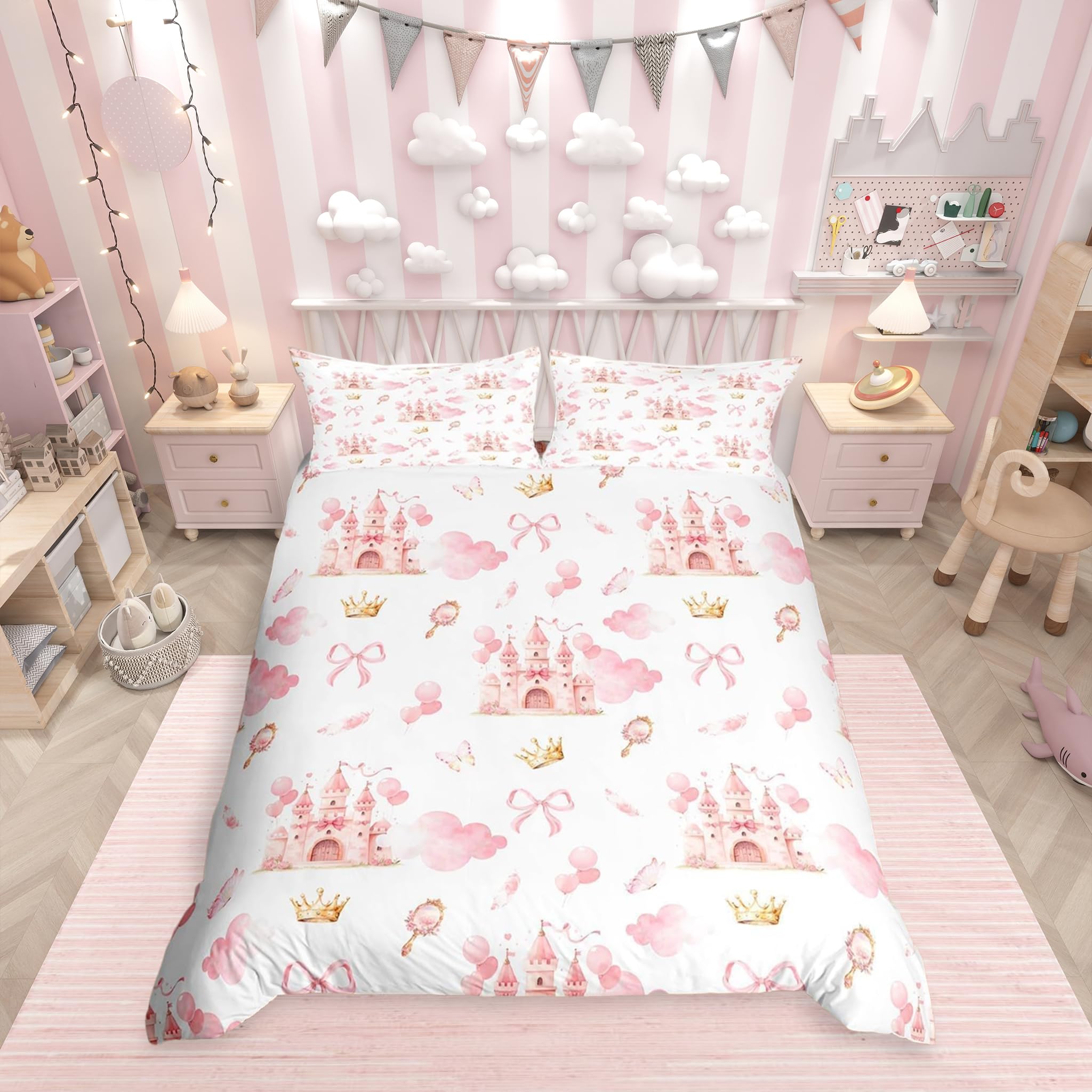 Homemissing Kids Pink Castle Duvet Cover Set Single Size,Cute Bow Bedding Set for Women Girls Dreamy Fairy Castle Duvet Cover with 1 Pillowcase Fairytale Bowknot Bed Sets