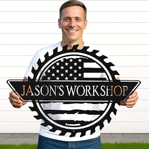 Miniatura 32 de Letrero de taller de garaje personalizado para hombres, arte de pared de metal con nombre personalizado para cobertizo mecánico, decoración rústica