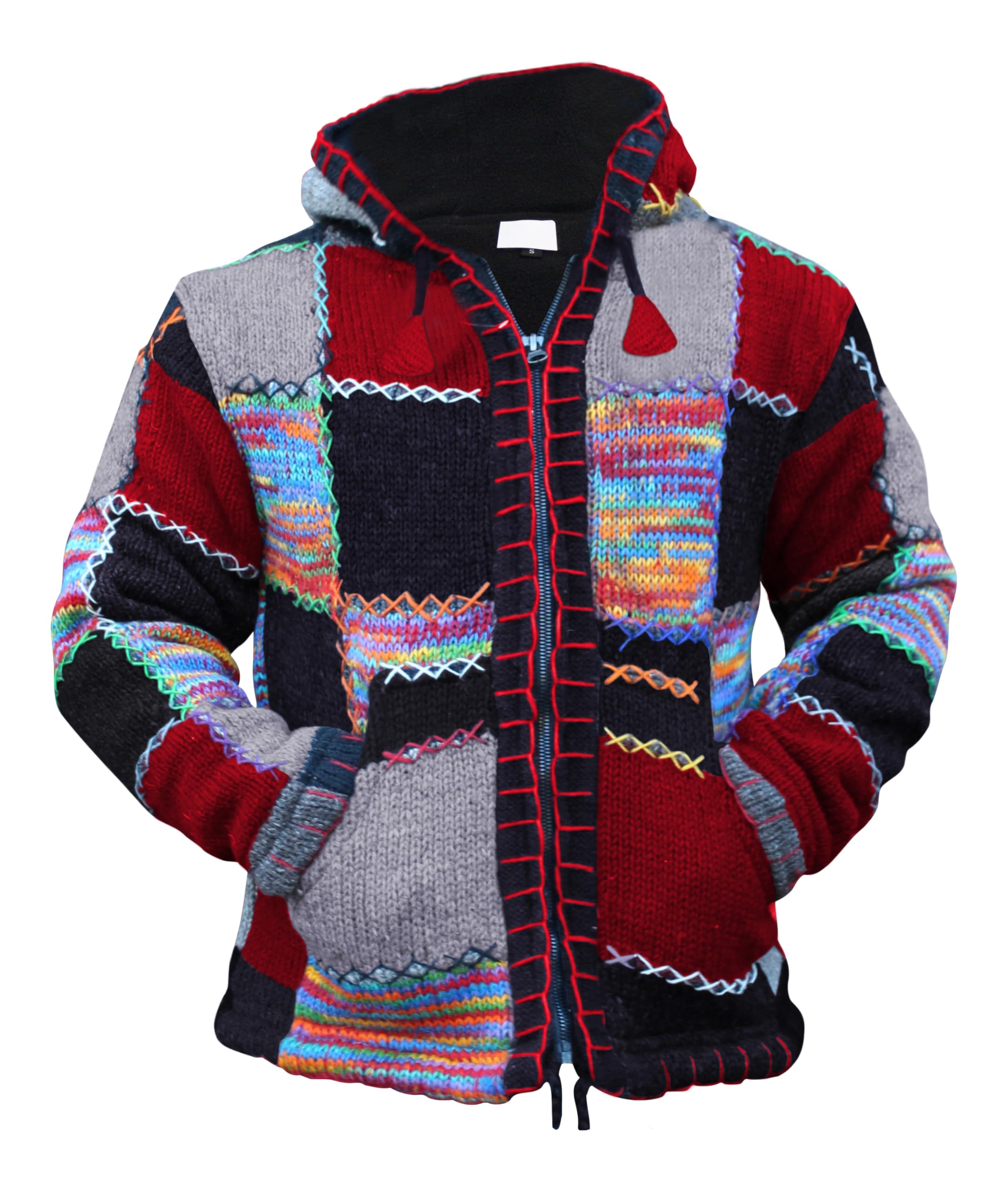 SHOPOHOLIC FASHION Giacca da Uomo in Lana Patchwork Colorata con Cappuccio Supercosy Festival Hippy Boho