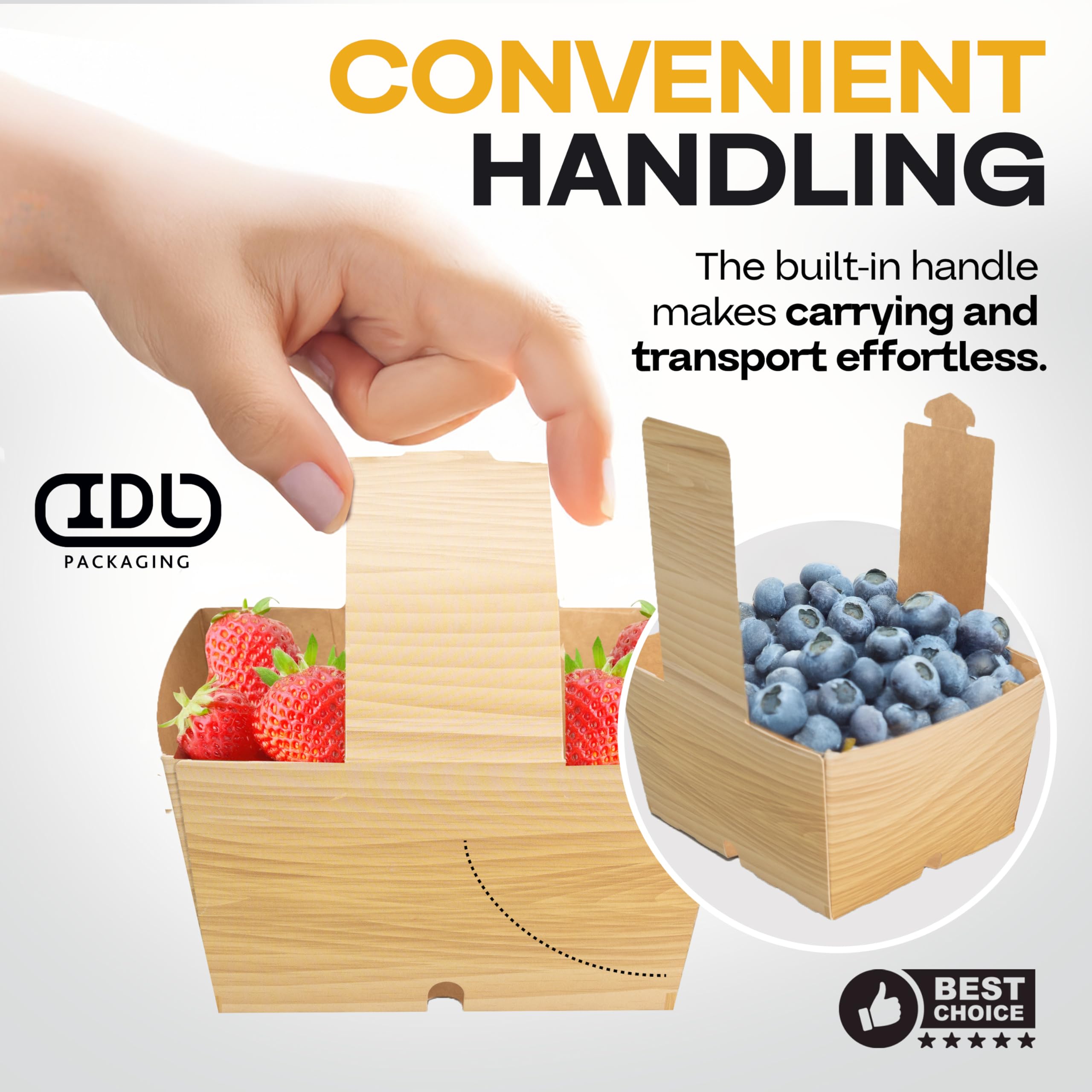 IDL Packaging Cestini per bacche da 3 pinte, con manici, stampa con venature del legno (confezione da 50), realizzati negli Stati Uniti, resistenti, in cartone per alimenti, per frutta e verdura