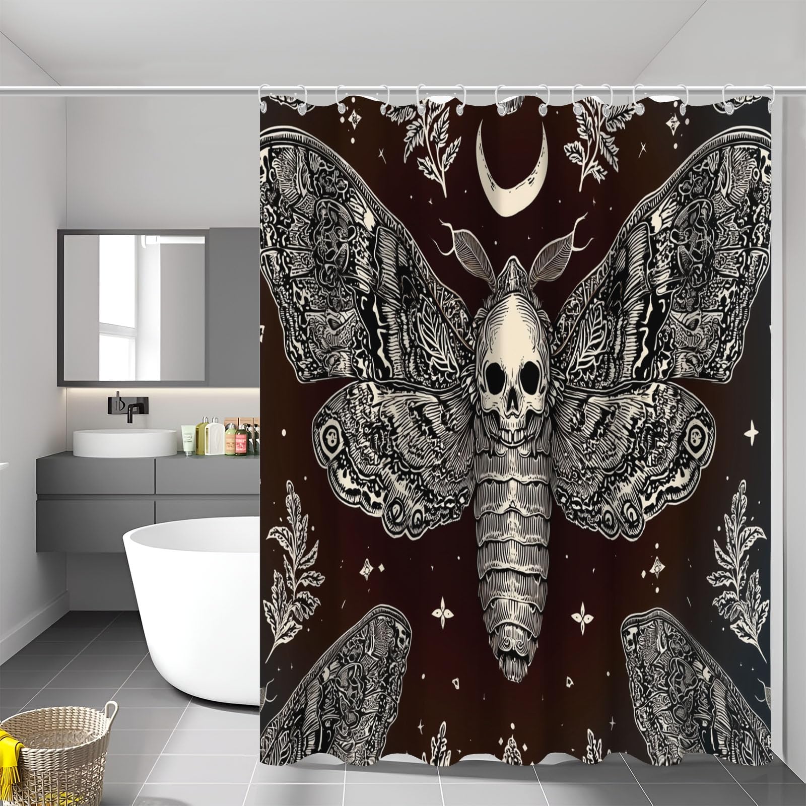Rideau de douche crâne et papillon gothique noir et blanc de salle de bain 180x180cm