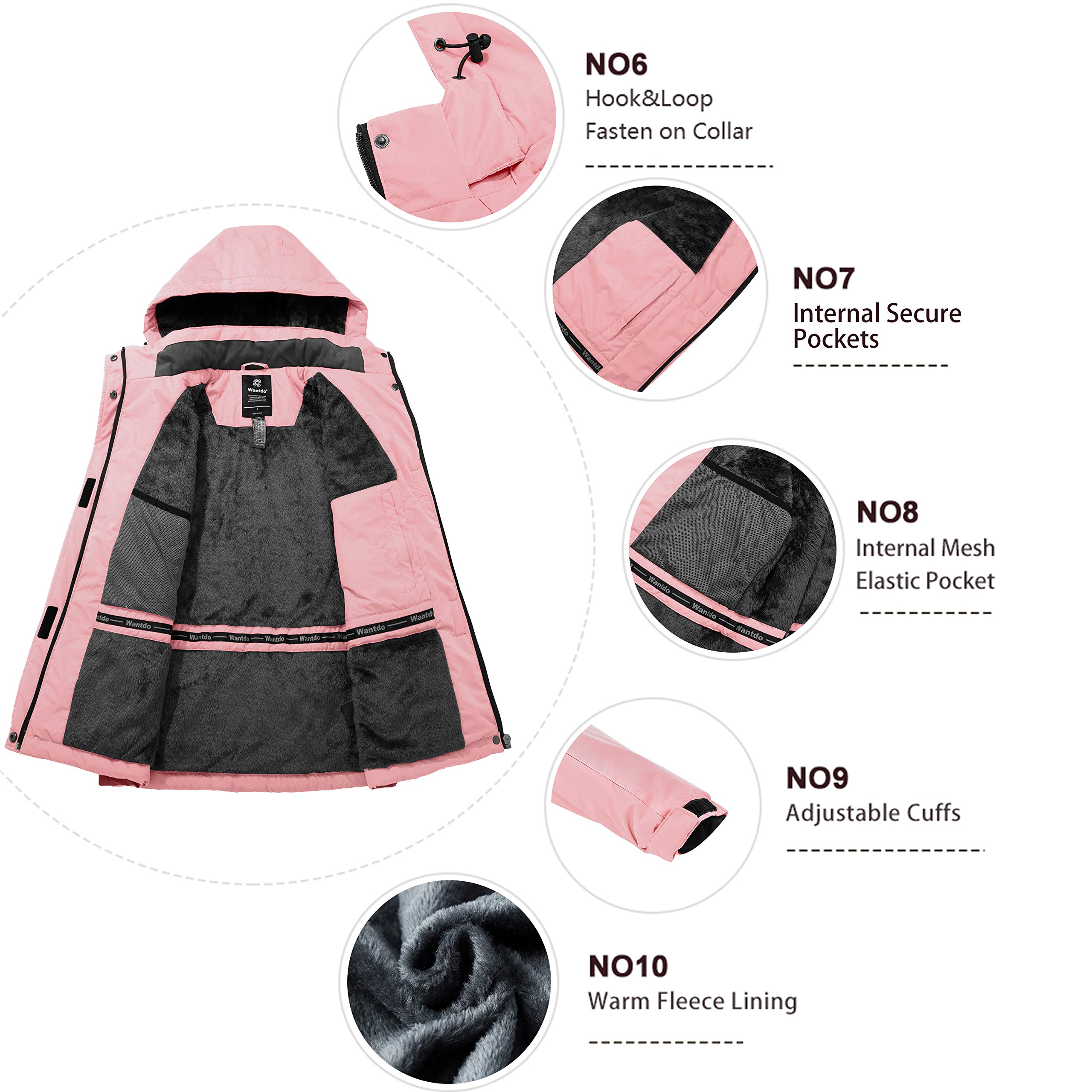 Wantdo Femme Veste de Montagne Outdoor coupe-vent avec Capuche Extérieur Manteau d'hiver Chaud Amovible Veste Imperméable Veste Randonnée pour Voyage