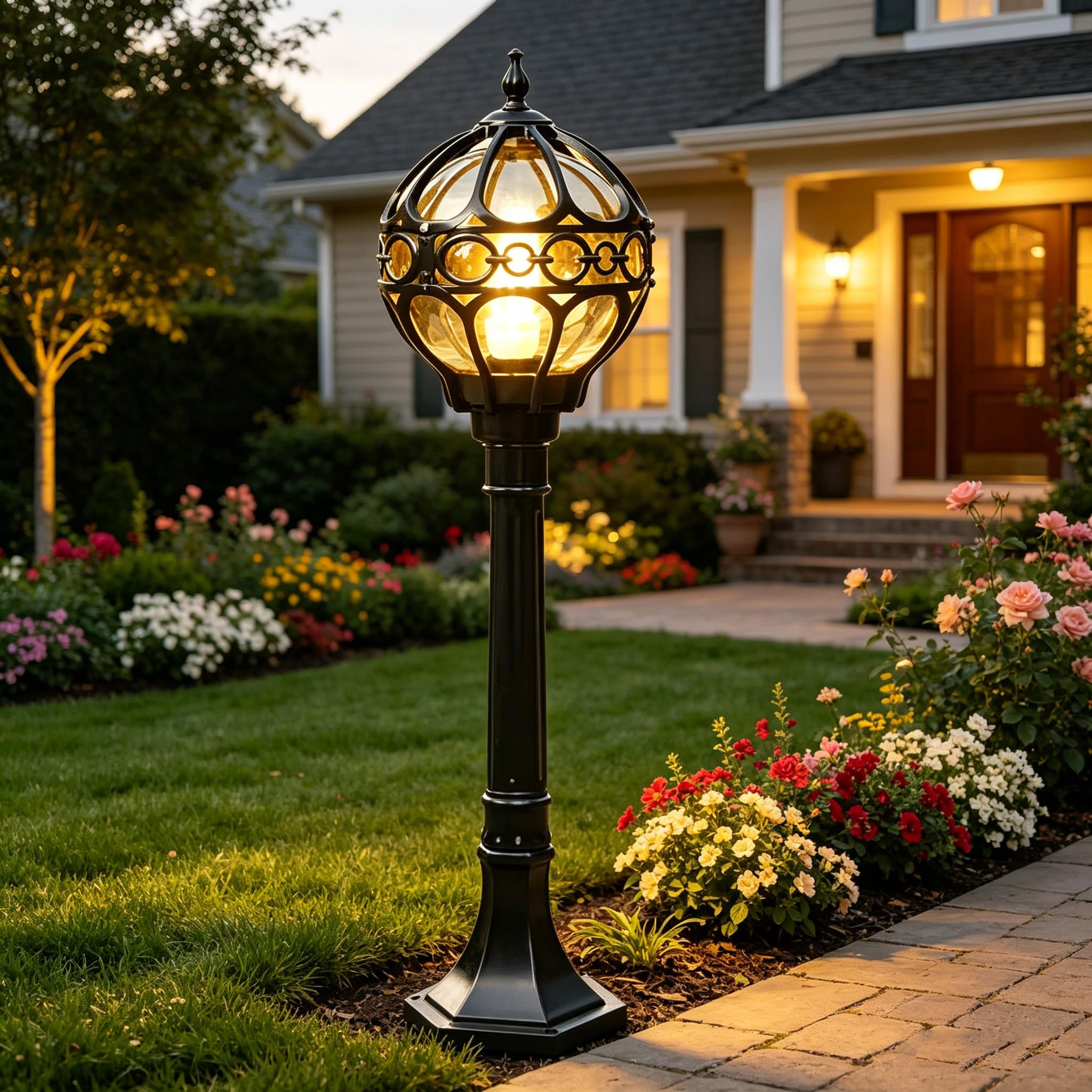 Lampada da Terra per Esterno con Globo, Stile Classico, Lampada a piantana per esterni, illuminazione per esterno, Attacco E27, 220V, fusione di alluminio e vetro,Lampada da Giardino (Nero)