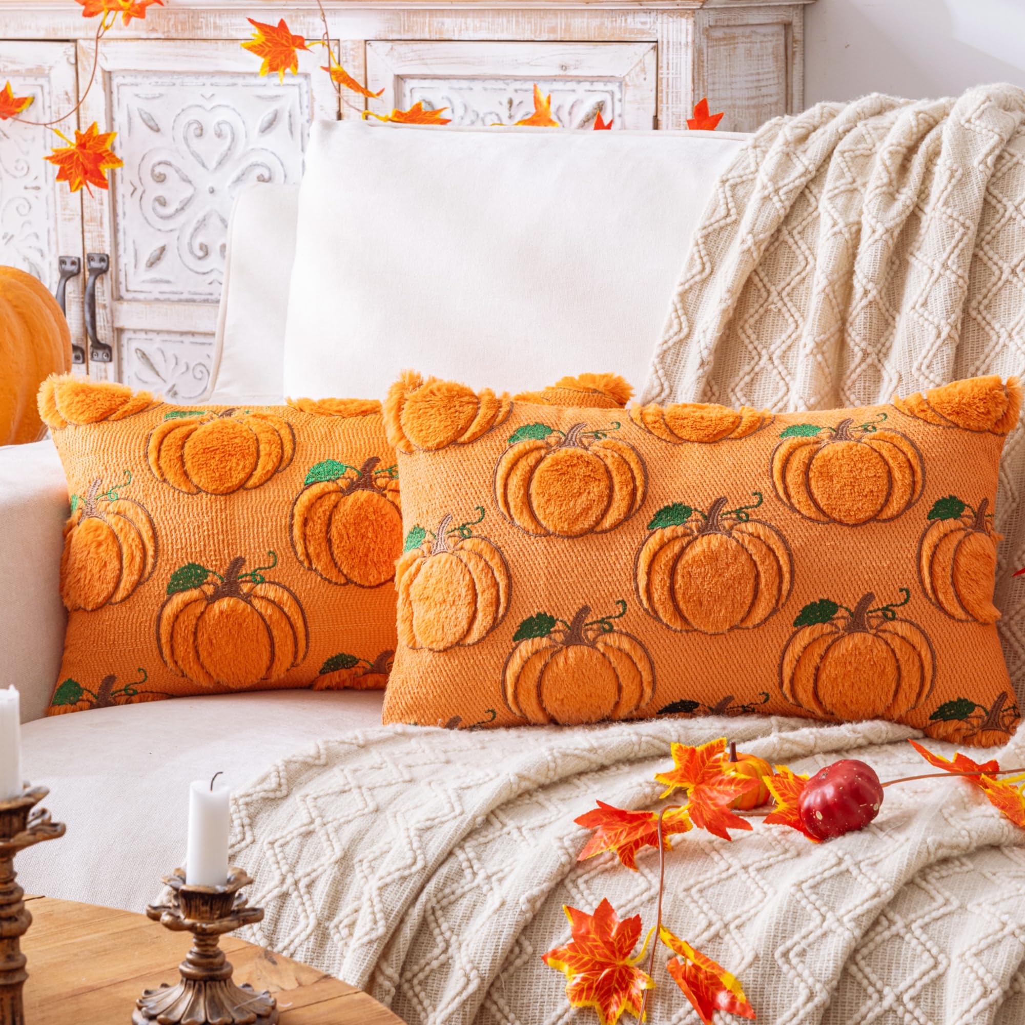 AQOTHES Fall Pumpkin Orange Throw Pillow Covers 12x20 Inch Pack of 2 Decorative Autumn Pillows Cases for Halloween