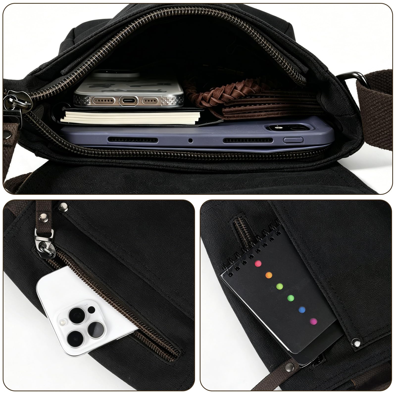 Sacoche Homme Bandouliere, Solide, Bon Design Toile Sac BandoulièRe Homme Poches Fermeture éClaire avec BandoulièRe RéGlable pour Usage Quotidien Voyage RandonnéE Multifonctionnel Men's Messenger Bag