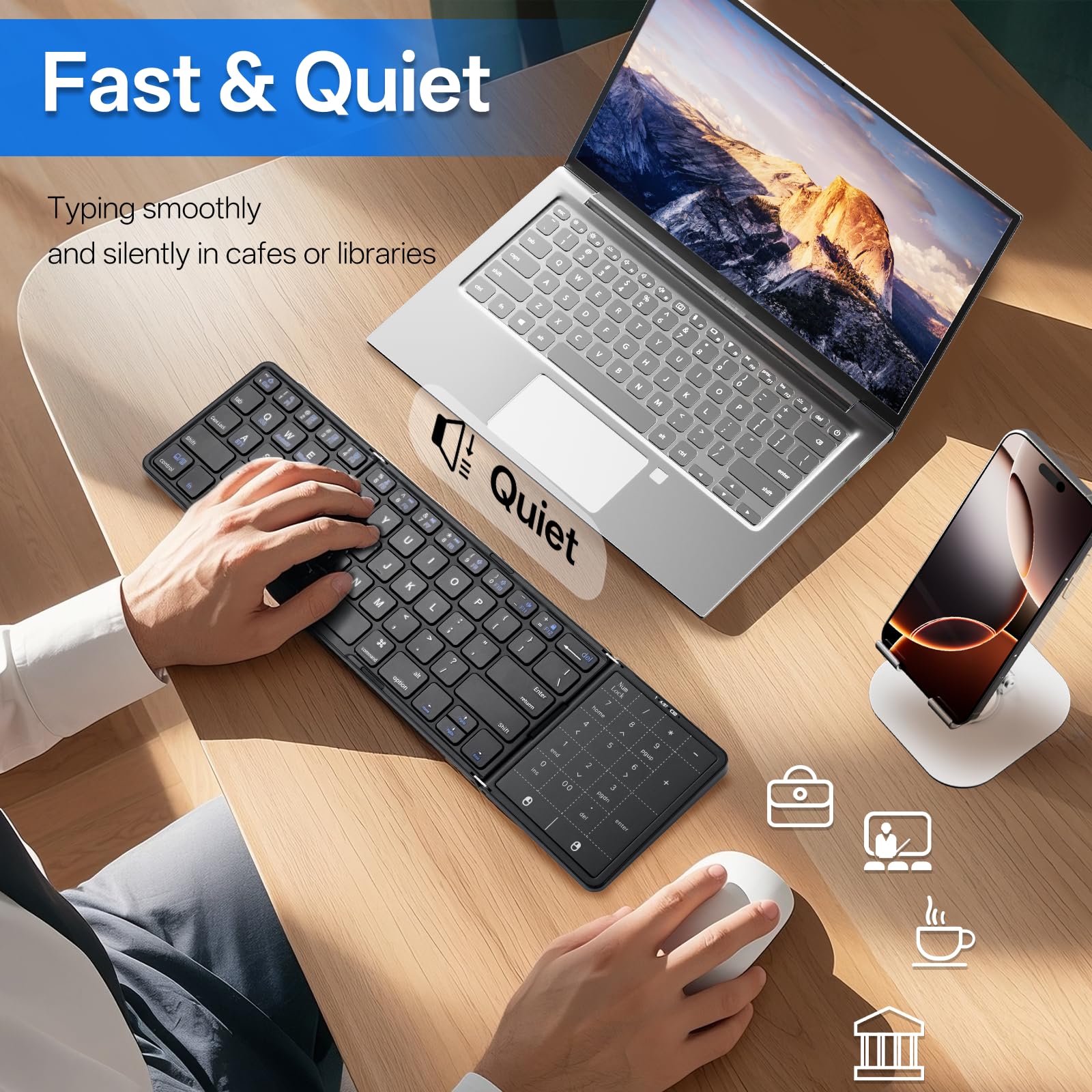 Tastiera Pieghevole con touchpad, Mini Tastiera Wireless Bluetooth Silenziosa con tastierino numerico, Tastiera Portatile Ricaricabile per Android, Windows e iOS telefoni, QWERTY