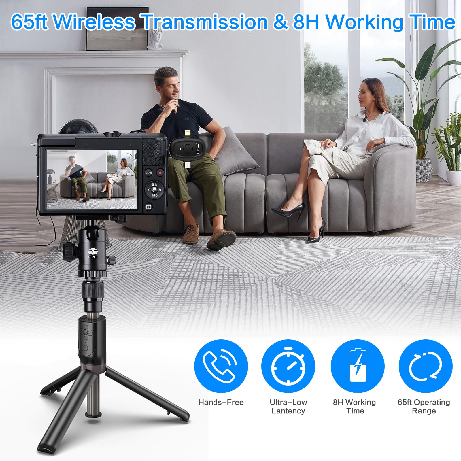 OSA Micro Cravate sans Fil 3 en 1 pour Appareil Photo, iOS, Android et Ordinateur Portable, 8 Heures de Temps de Travail, pour Enregistrement vidéo, Vlog, Youtube, TikTok