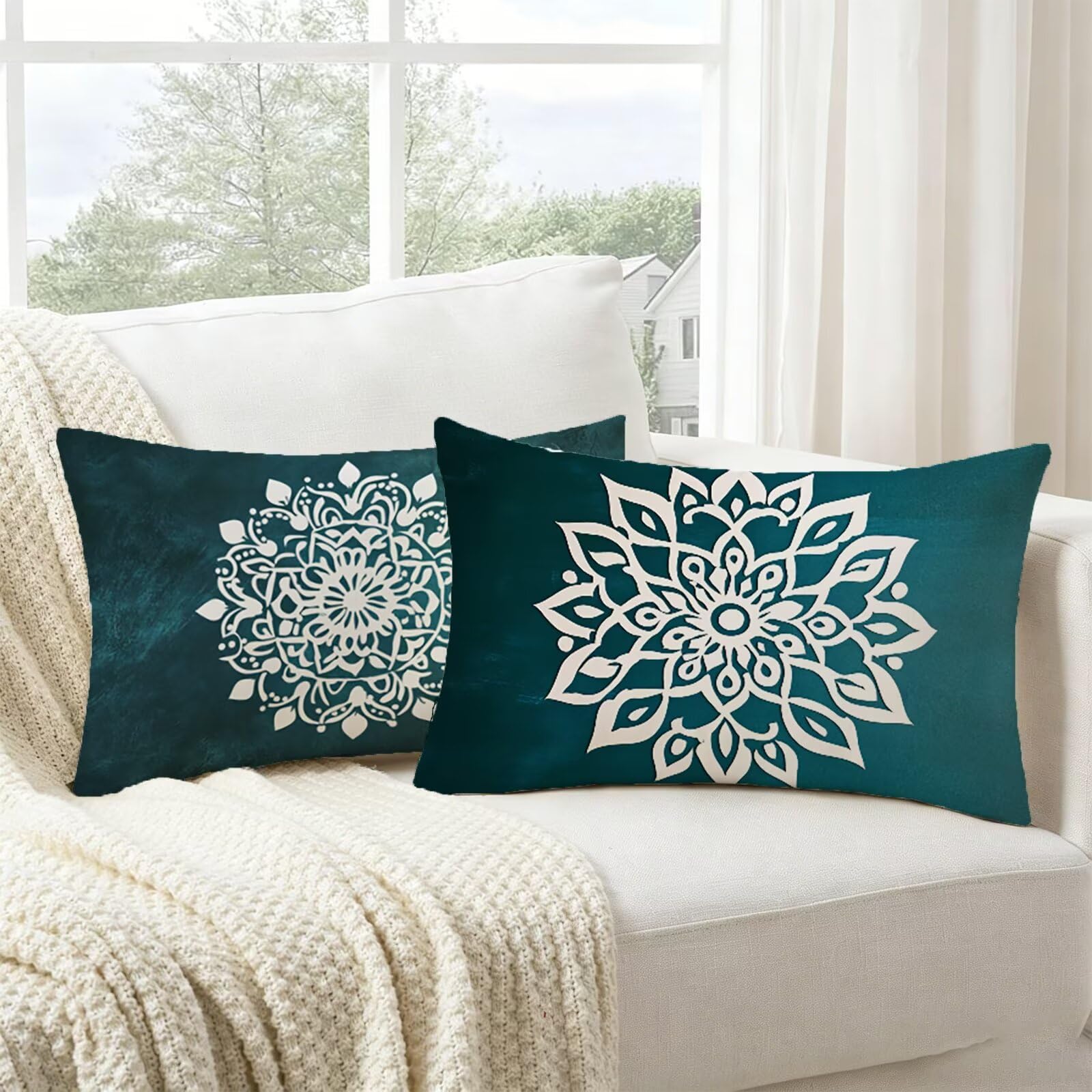 Coussin extérieur imperméable bleu 50x80 lot de 2 en lin mandala