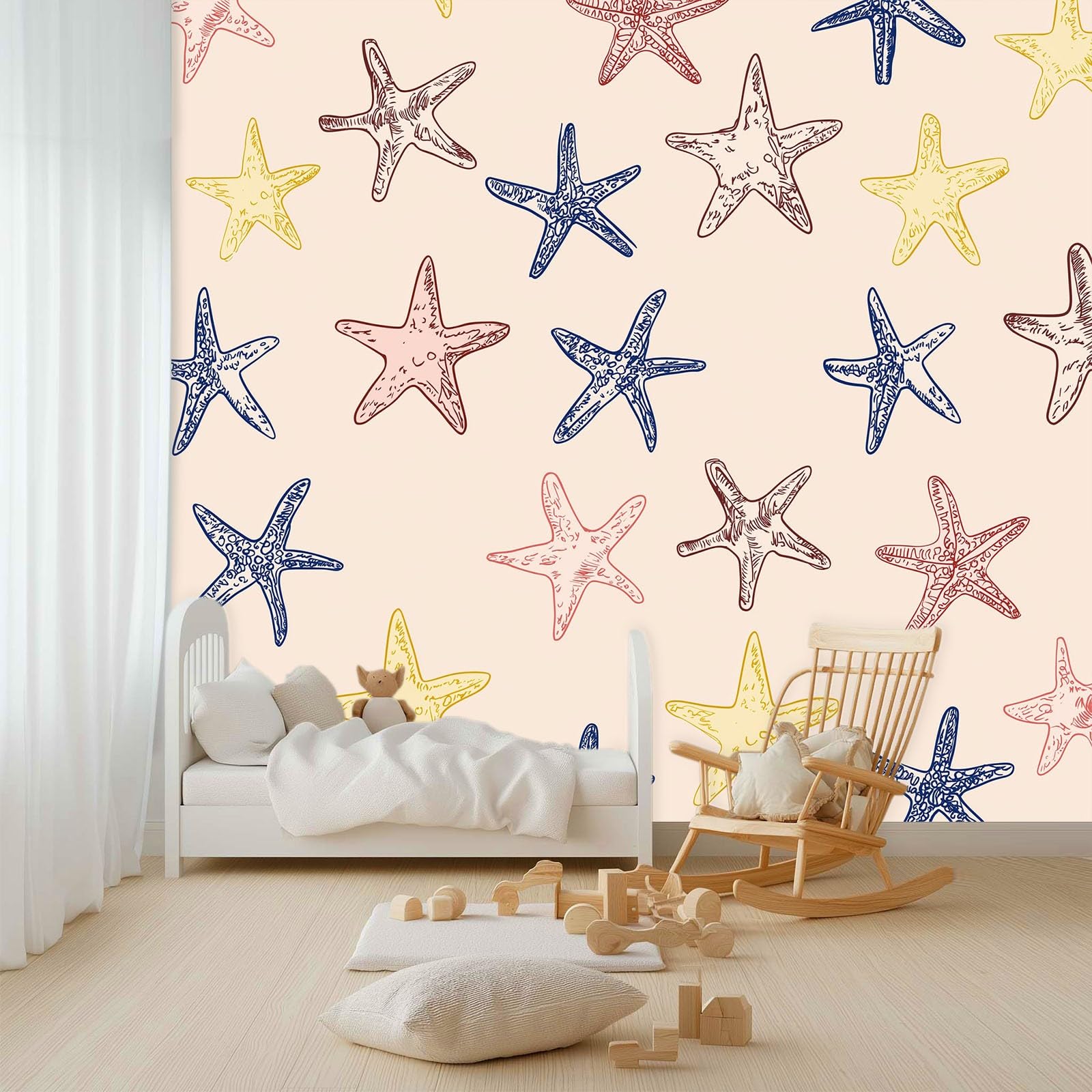 Tapeta panoramiczna w stylu morskim, urocza rozgwiazda morska, 300 x 210 cm, różowa tapeta z włókniny z efektem 3D, dekoracja ścienna do salonu i pokoju dziecięcego, gobelin fotograficzny XXL