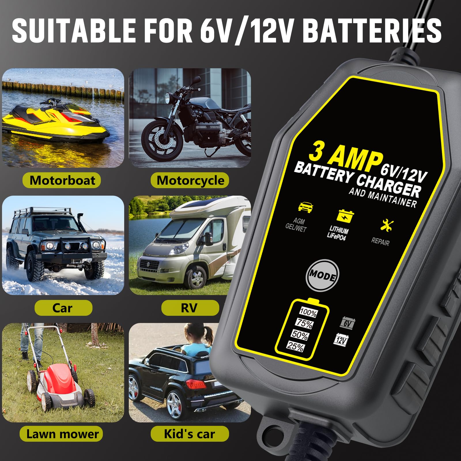 2 Pack Car Battery Charger 3 AMP, 6V/12V Smart Fully Automatic Battery Charger, Maintainer Trickle Charger and Desulfator for Motorcycle, Lead Acid, Lithium, Lifepo4 Battery, Boat, Car, Lawn Mower