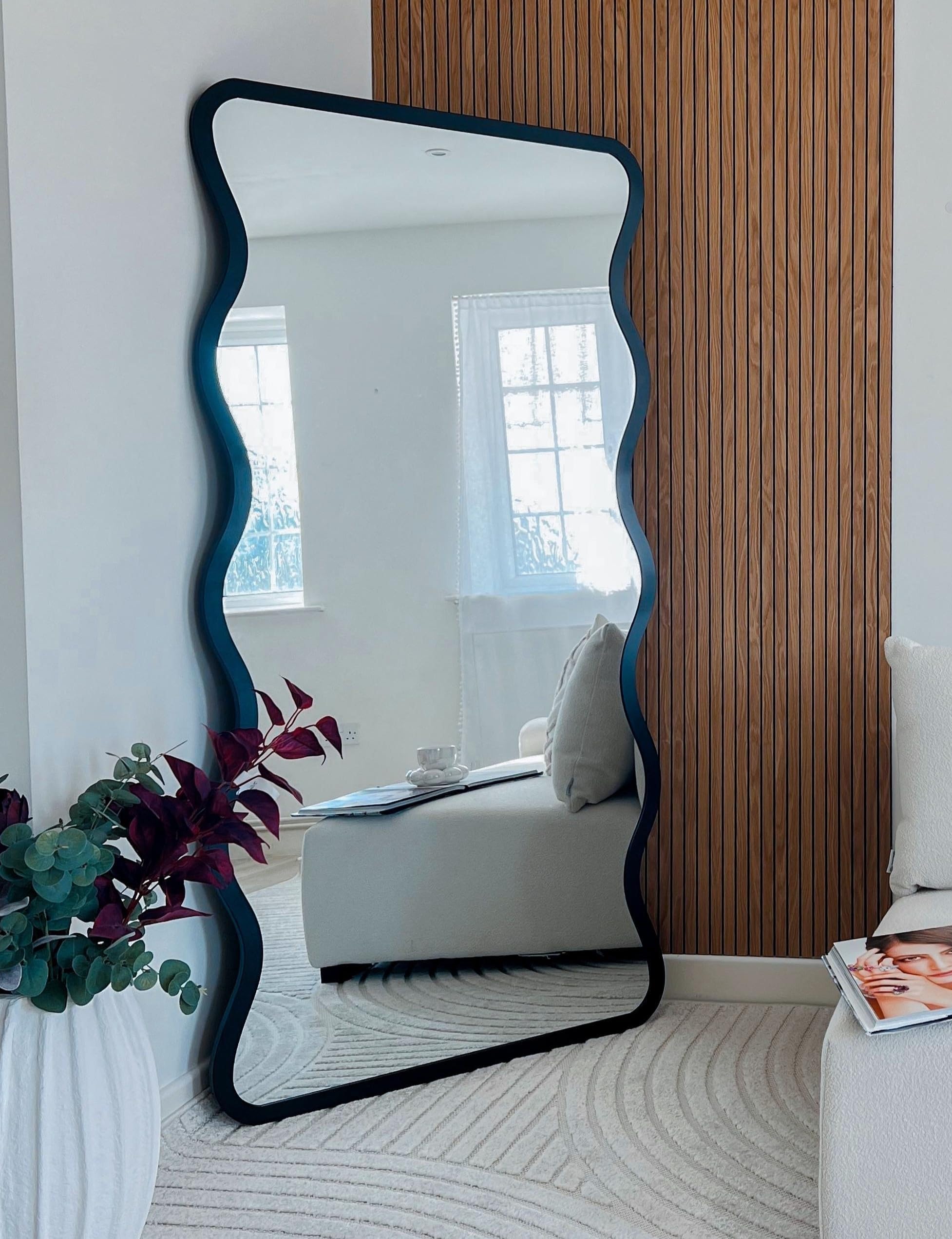 MirrorOutlet Black Metal Rectangular Wavy Framed Wall Mirror - 170cm x 80cm