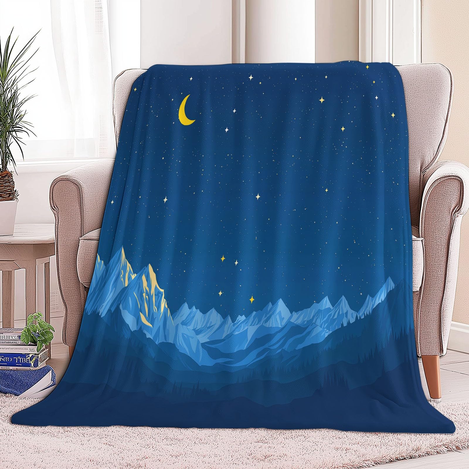 Générique Couverture Flanelle 200 x 200 cm, Plaid Polaire Doux et Confortable Minimaliste Nuit Montagne pour Enfants Adultes - Plaid de Canapé Bleu pour Lit Camping et Voyage