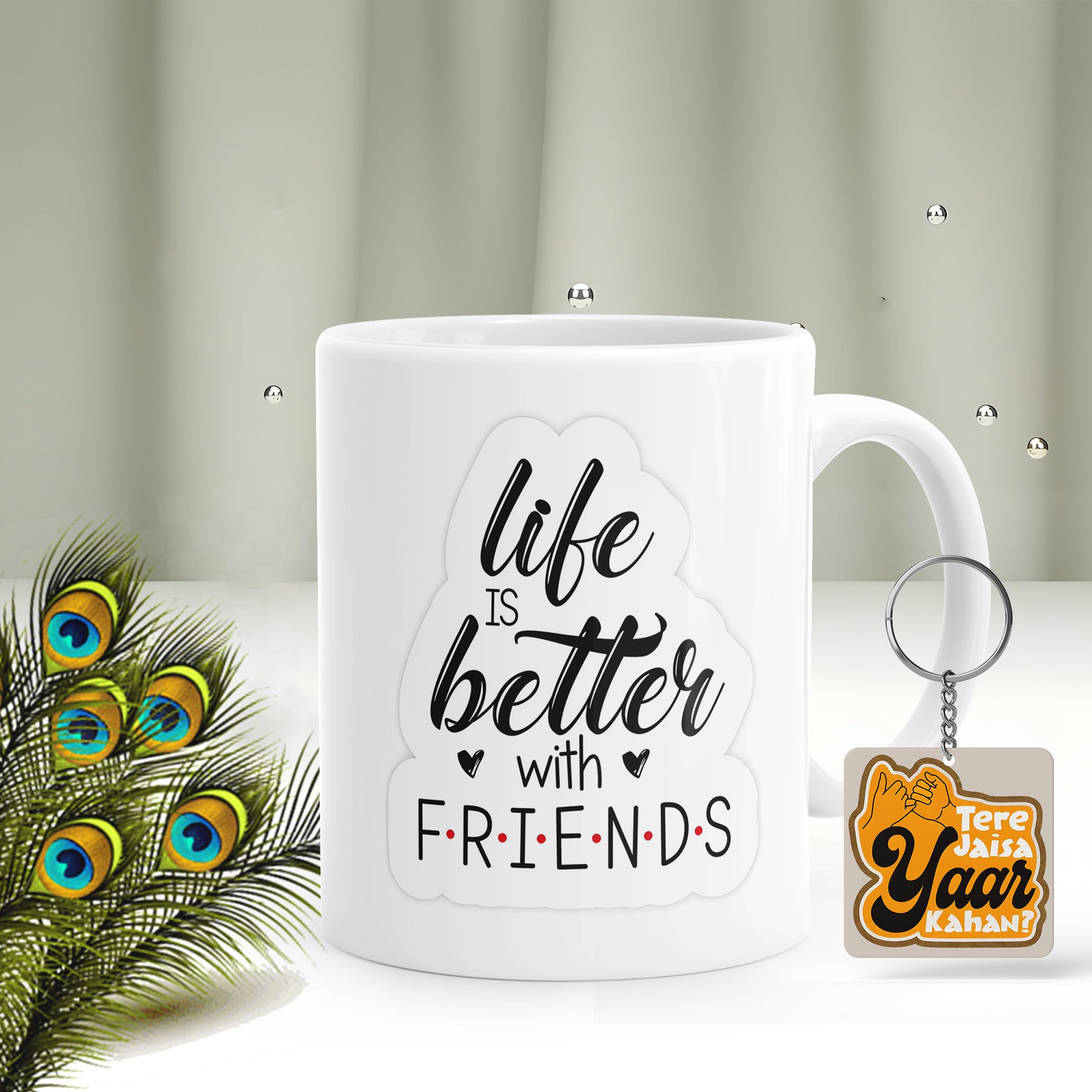 Gift ArcadiaHappy Friendship Day Ceramic Coffee Mug with Keychain, Life is Better with Friend Cups, Friendship Day Gifts for Best Friend, Friendship Day Gifts for Men|Women, Children 330 ML