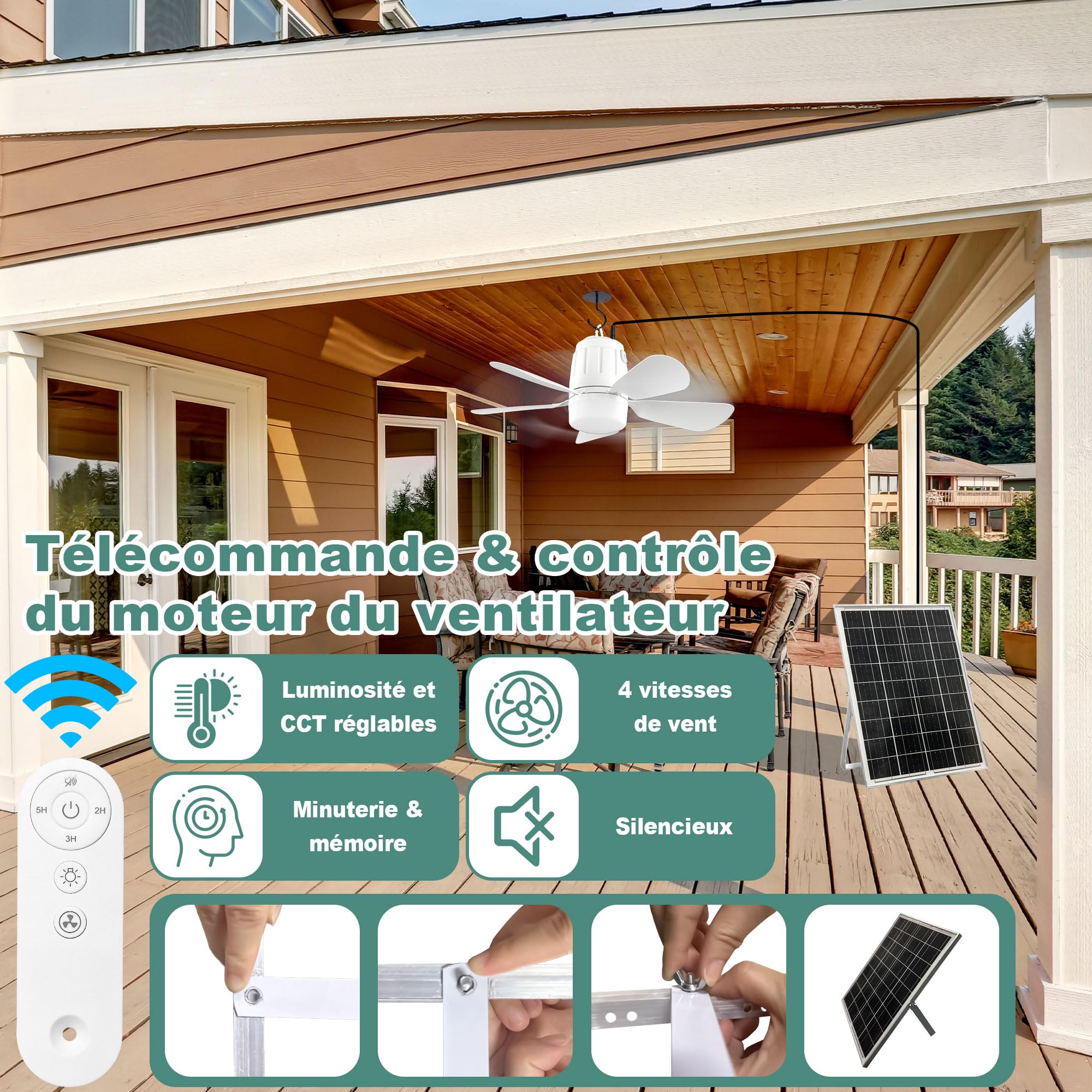 Ventilateur Solaire avec Lumière, Lampe Plafond de Pavillon, Panneau Solaire et Télécommande pour Terrasse, Parasol, Atelier, Gazebo