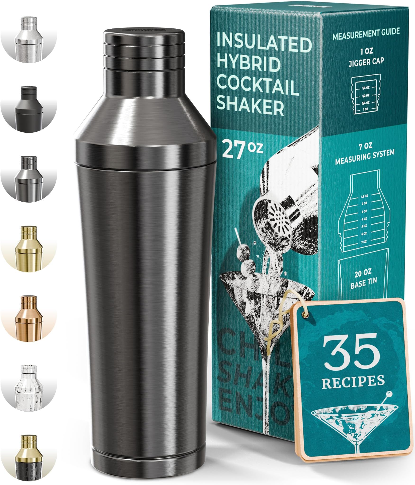 Insulated Cocktail Shaker Set | Double Wall Stainless Steel | Martini Shaker for Home Bar Bartending | Built-in Drink Measure System & Strainer, Travel Bag, Recipes | Gift Set (Slate Gray)