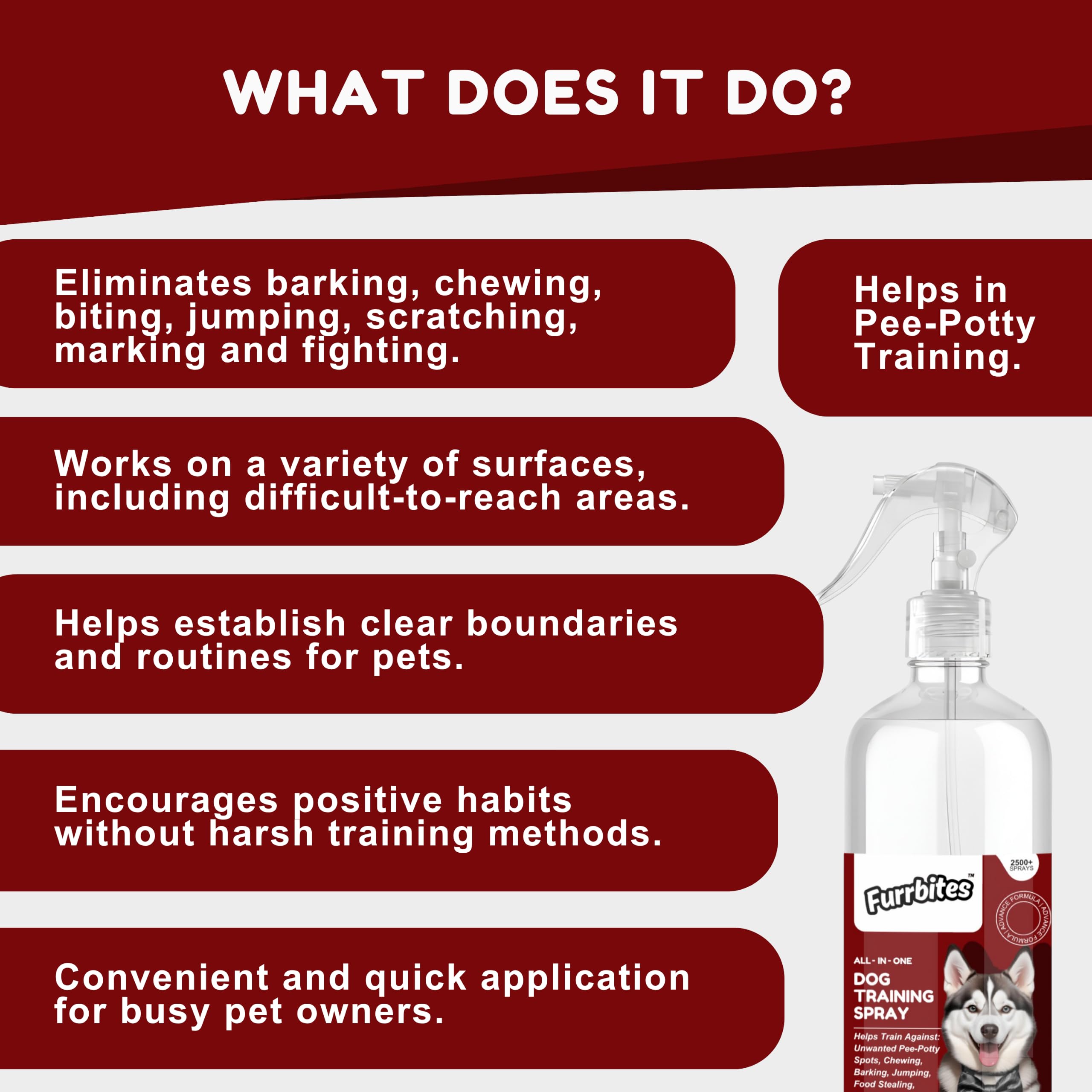 Furrbites Advanced Dog Training Spray | Stops Pee-Potty, Chewing, Barking, Jumping, Food Stealing, Dog Fights, Attacks, Markings | Safe & Effective | All-in-One Indoor & Outdoor Behavior Spray | 30ml 1