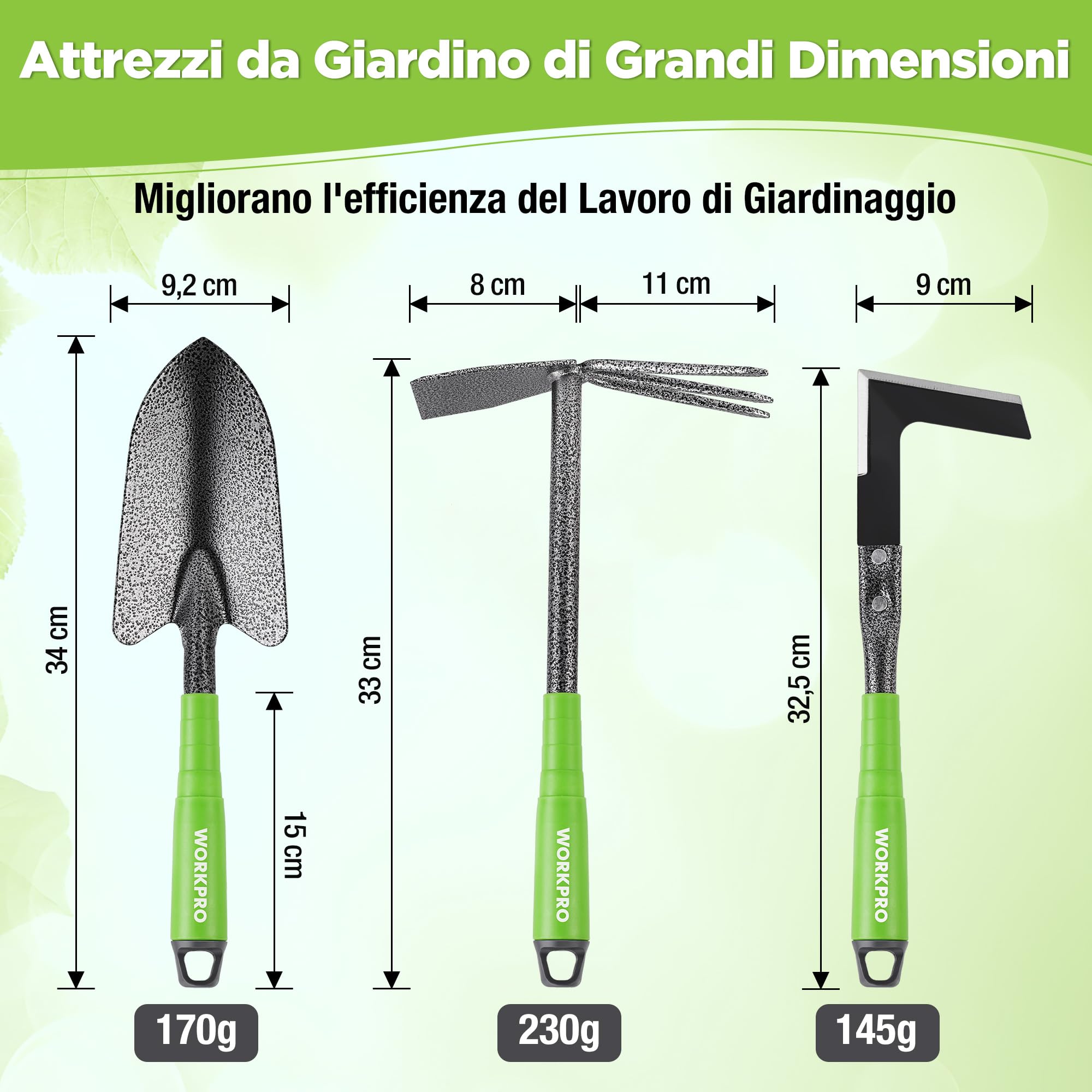 WORKPRO Set di 6 attrezzi da giardino con zappa a doppia estremità, artiglio a tre punte, rastrello a cinque denti, rastrello per foglie a nove denti, pala per terreno e gancio per erba, perfetto per