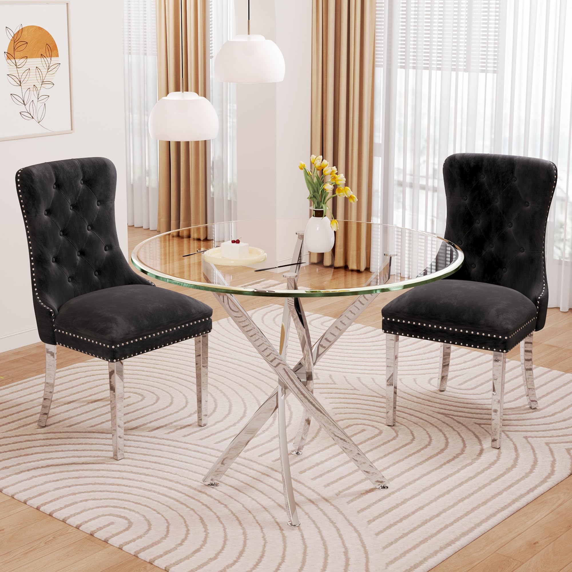 Modehodei Glass Dining Table Set for 2, 3-Piece Round Tempered Glass Kitchen Table Set with 2 Velvet Upholstered Dining Chairs for Living Room,
