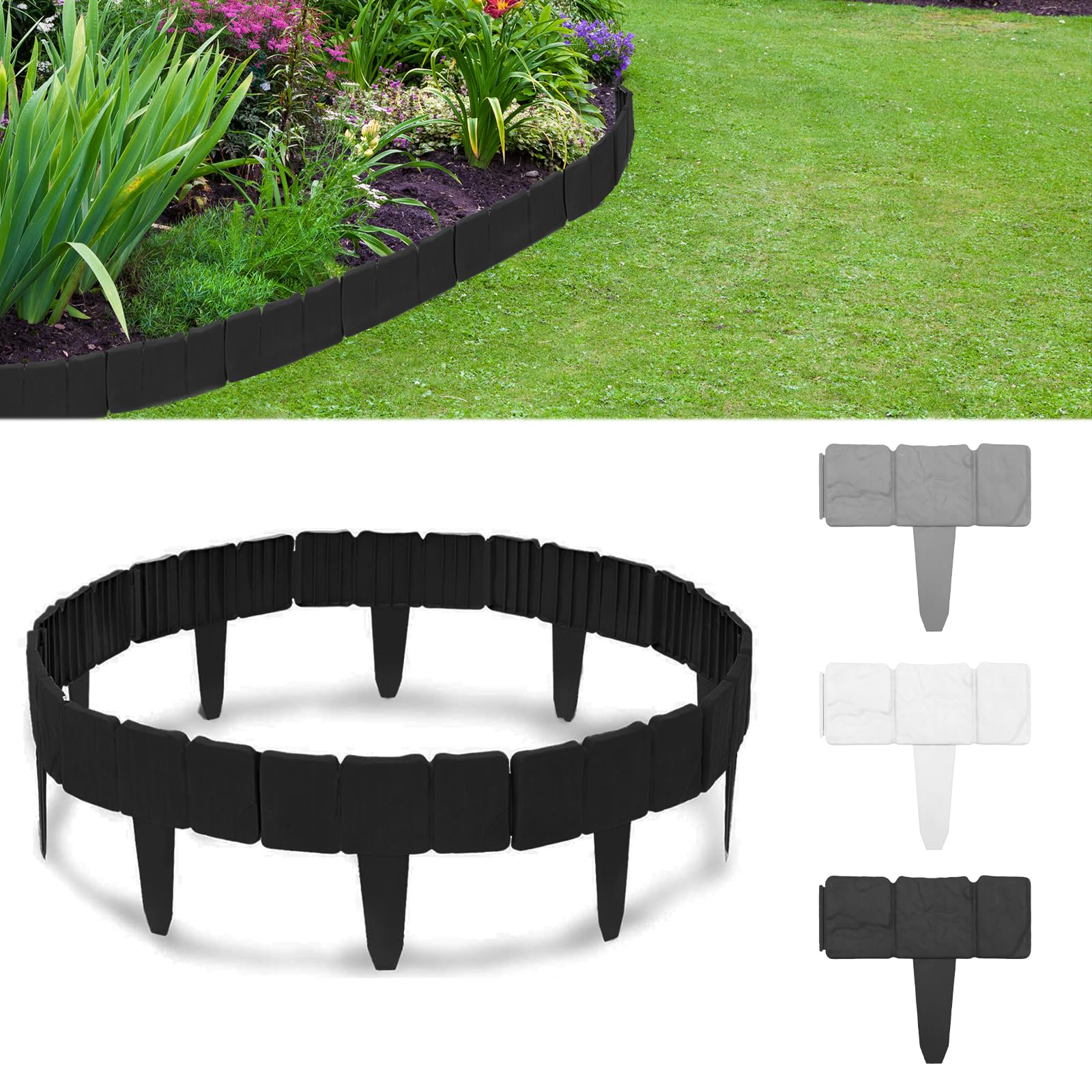 Bordo Da Giardino Effetto Pietra 6,1m - Nero, Altezza 30cm - Senza Scavo, Con Pioli Di Ancoraggio E Martello - Per Aiuole E Prati