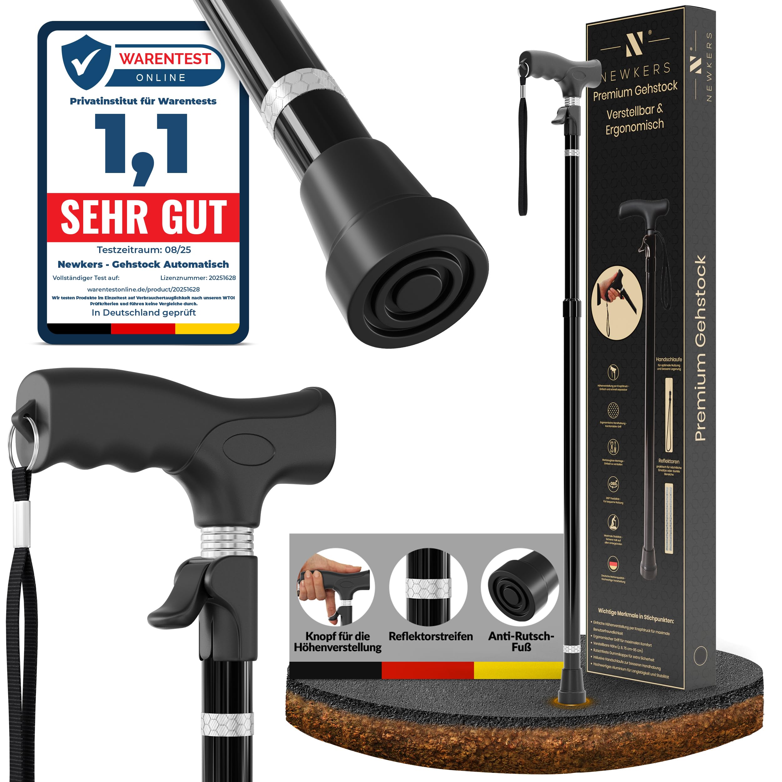 Bastón telescópico para caminar (65-102 cm), altura ajustable automáticamente con mecanismo de clic