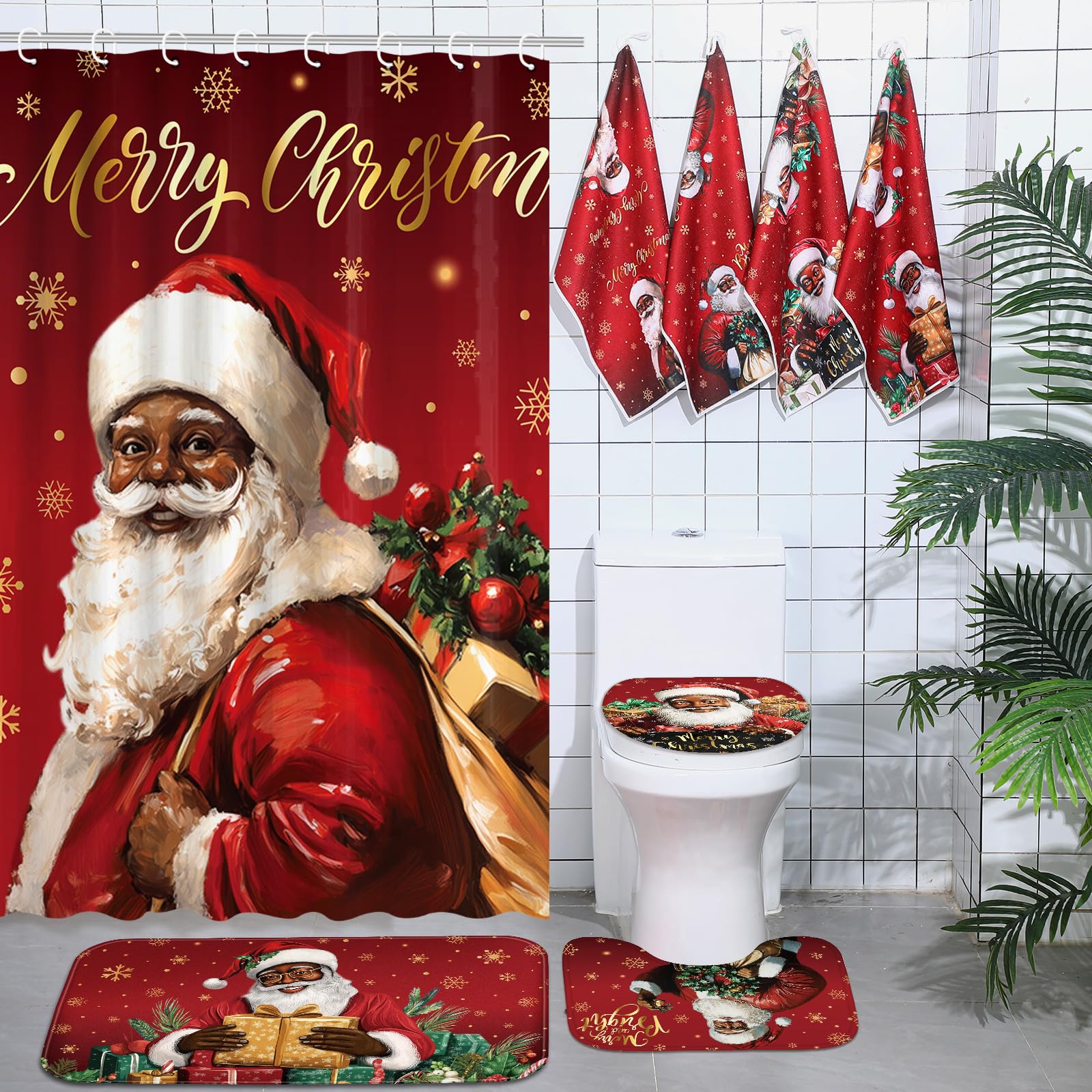 Honoson 8 Pcs Christmas Black Santa Claus Shower Curtain Set with Rugs and Kitchen Towels African American Christmas Bathroom Decor Black Santa Claus