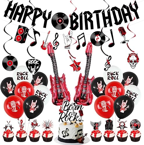 Crenics Decoraciones de fiesta de cumpleaños de rock and roll, pancarta de feliz cumpleaños, remolinos colgantes, adornos para pasteles y globos