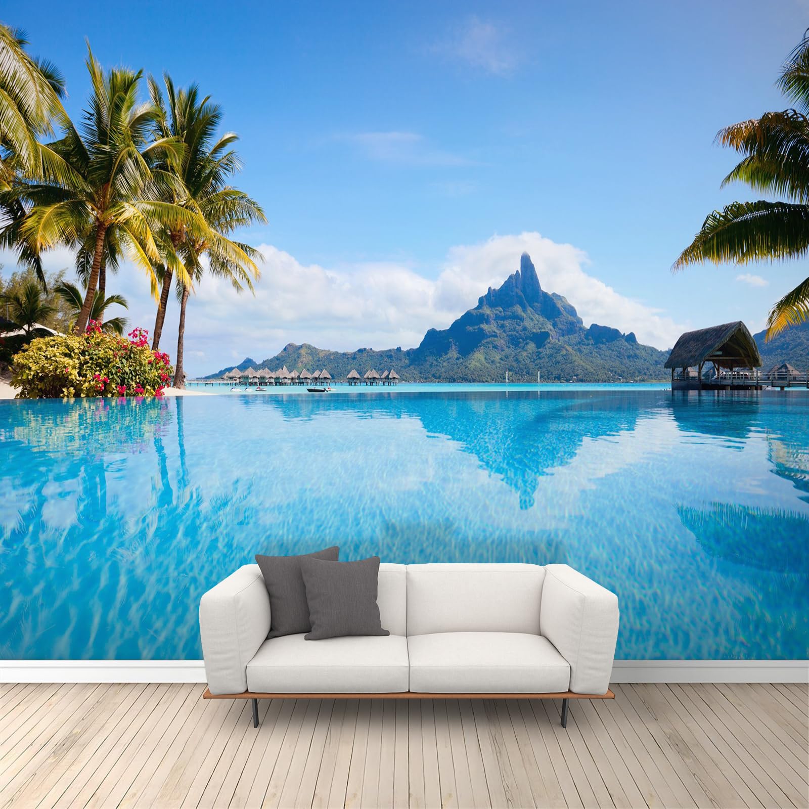 Papier peint plage et palmiers tropicaux pour créer une ambiance de salle de bain relaxante