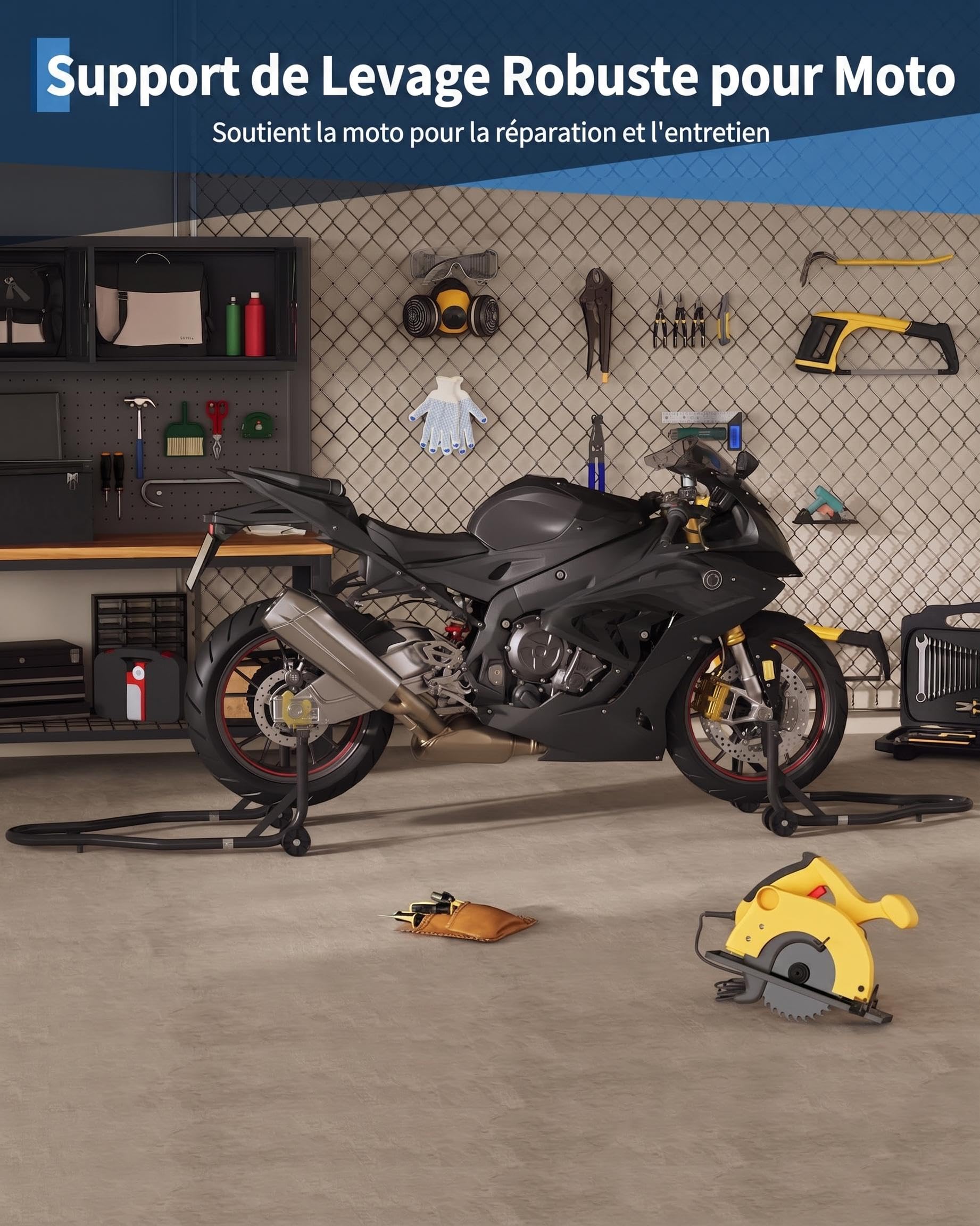 Garvee Kit de 2 Béquilles Moto en Acier, Support Acier 410kg | Support Avant et Arrière Réglable en Acier Haute Résistance, 2 Pièces, Fourches en U, Noir