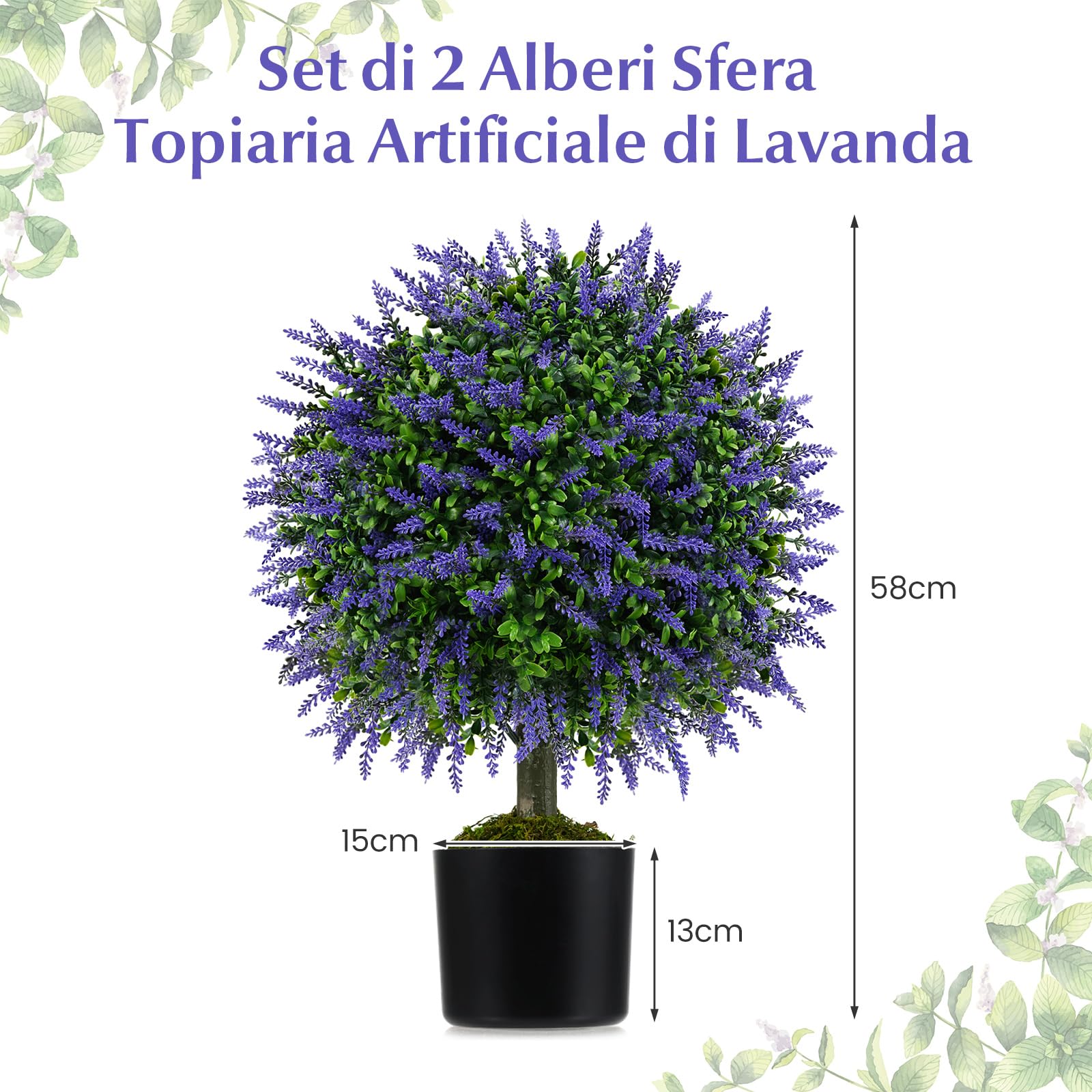 COSTWAY Set di 2 Alberi di Topiario Artificiale con Lavanda, Albero di Bosso Finto da 58 cm con Vaso Riempito di Cemento, Pianta Finta Resistente al Sole per Interni ed Esterni