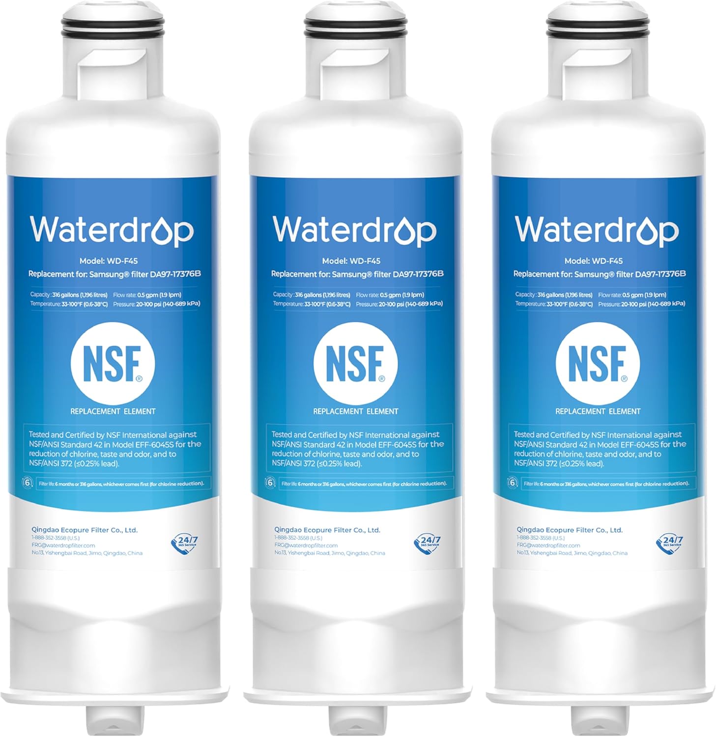Product image of Waterdrop DA97-17376B Replacement for Samsung® HAF-QIN/EXP, DA97-08006C, RF28R7201SR, RF28R7351SG, WD-F45, Refrigerator Water Filter, 3 Filters
