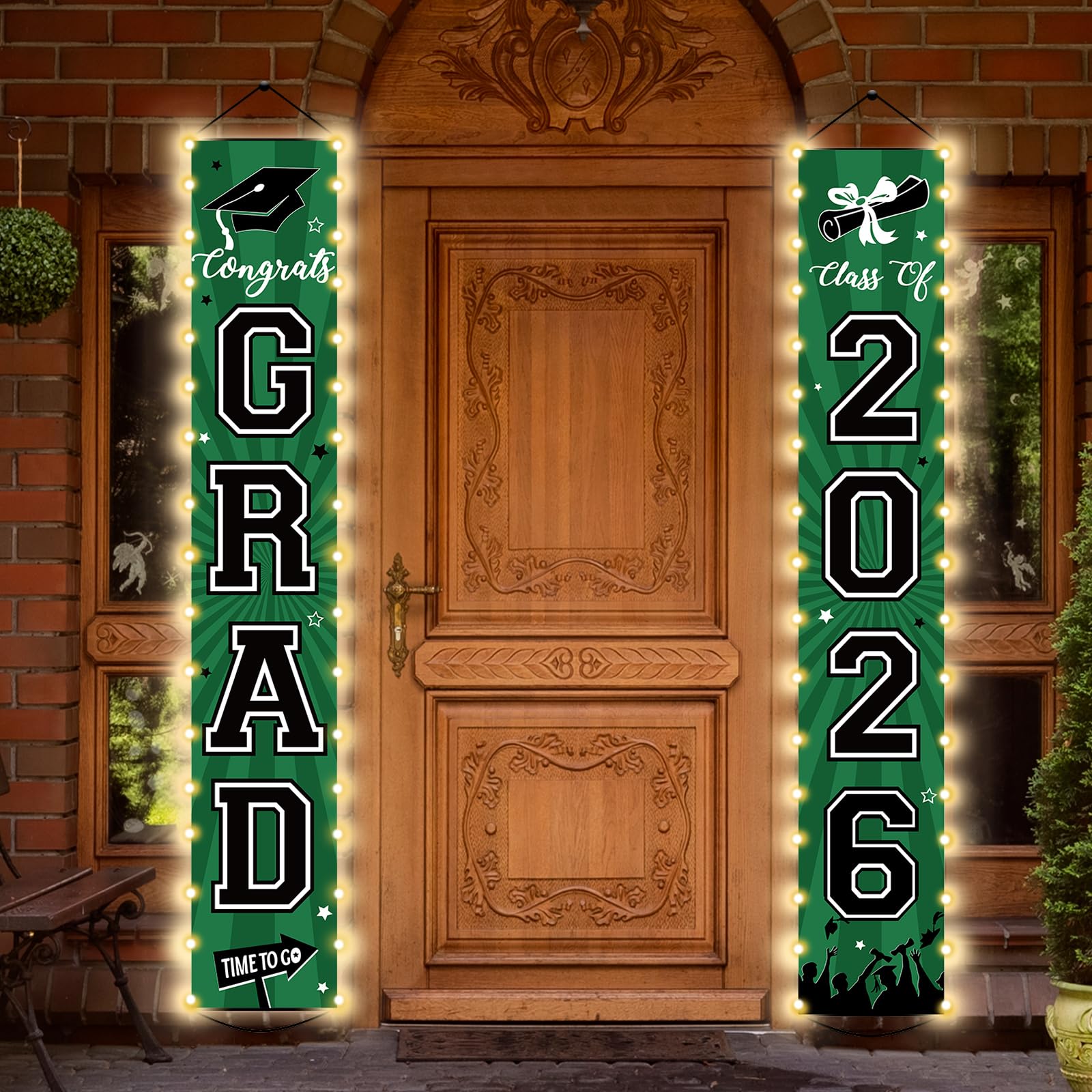 Photo 1 of 2026 Graduation Banners Lighted Decor Class of 2026 Congrats Grad Porch Sign Party Banners Supplies with LED Light Welcome Hanging Door Decorations for Indoor Outdoor(Green and Black)