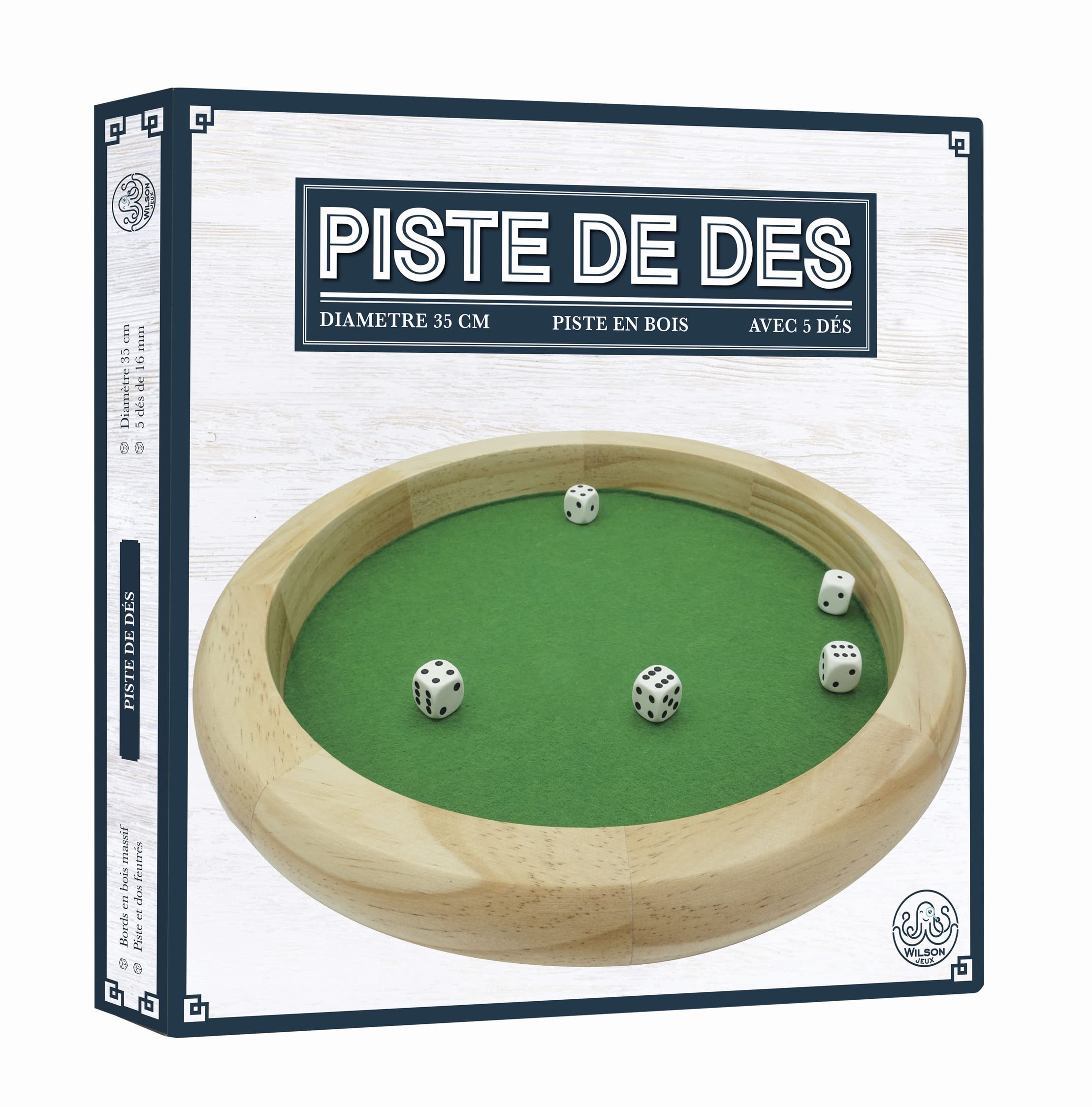 Wilson Jeux - Piste de dés 35 cm en Bois Massif - Piste de dés 35 cm avec 5 dés de 16 mm - 82030