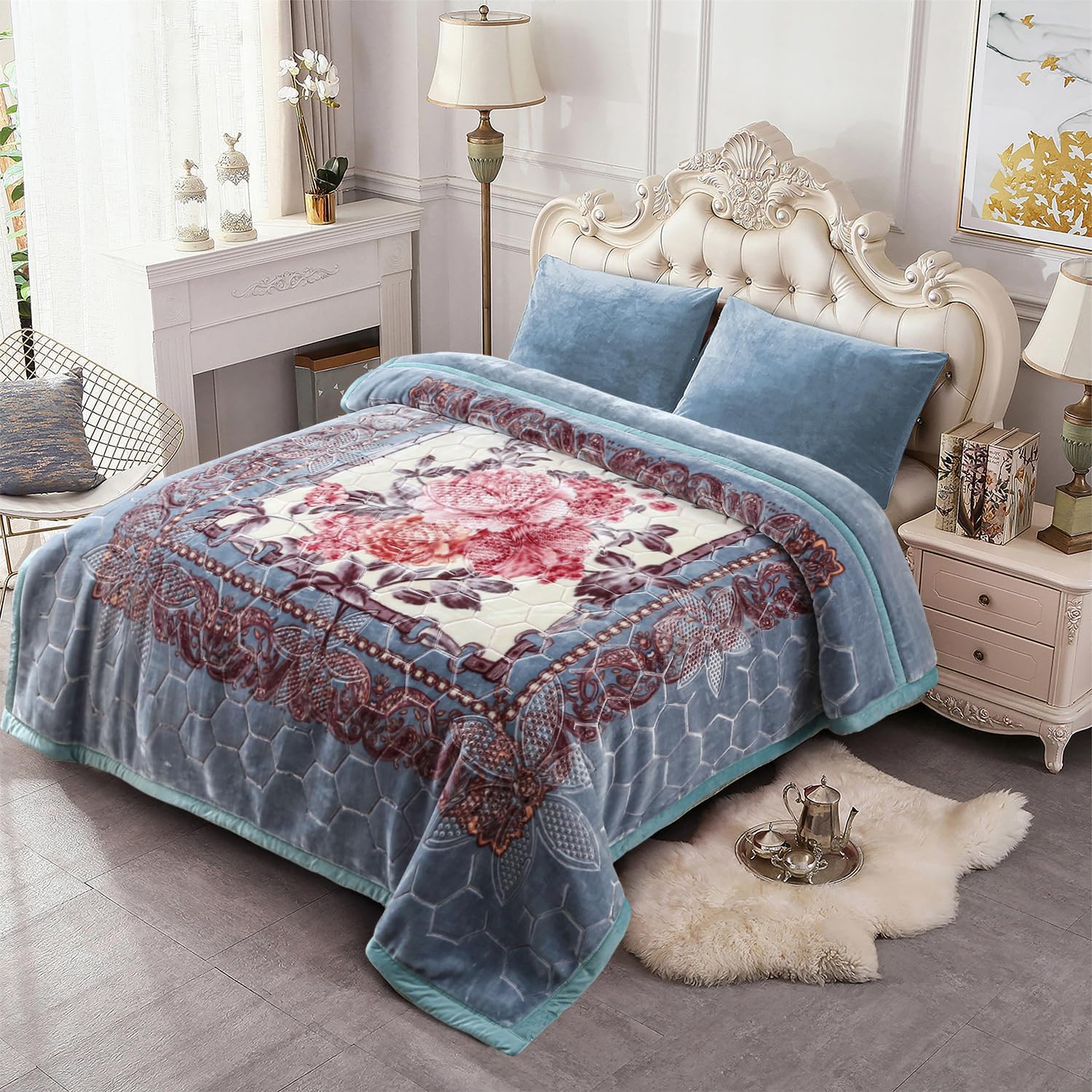 JML Korean Style Mink Blanket King Size 85" x93", 10 Pounds Plush Fleece Blanket, 2 Ply A&B Printed, Silky Soft and Warm Raschel Bed Blanket for Winter (Grey-Blue Peony)
