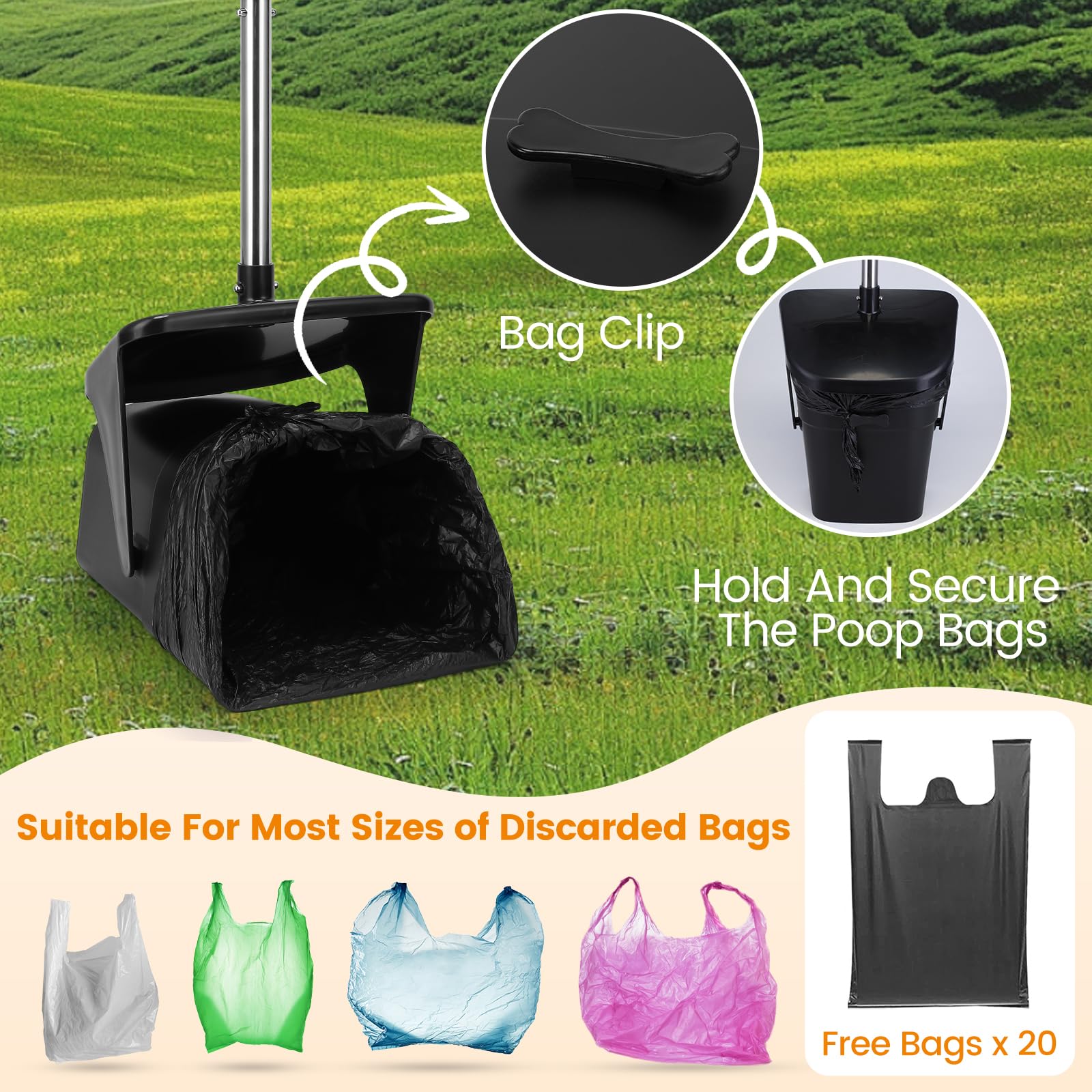 HAPPY HACHI Pala para Excrementos de Perros, 102 cm, Recogedor Giratorio y Rastrillo para Excrementos de Perros, con 20 Bolsas de Basura, para Perros Grandes (Cubo Giratorio y Rastrillo)