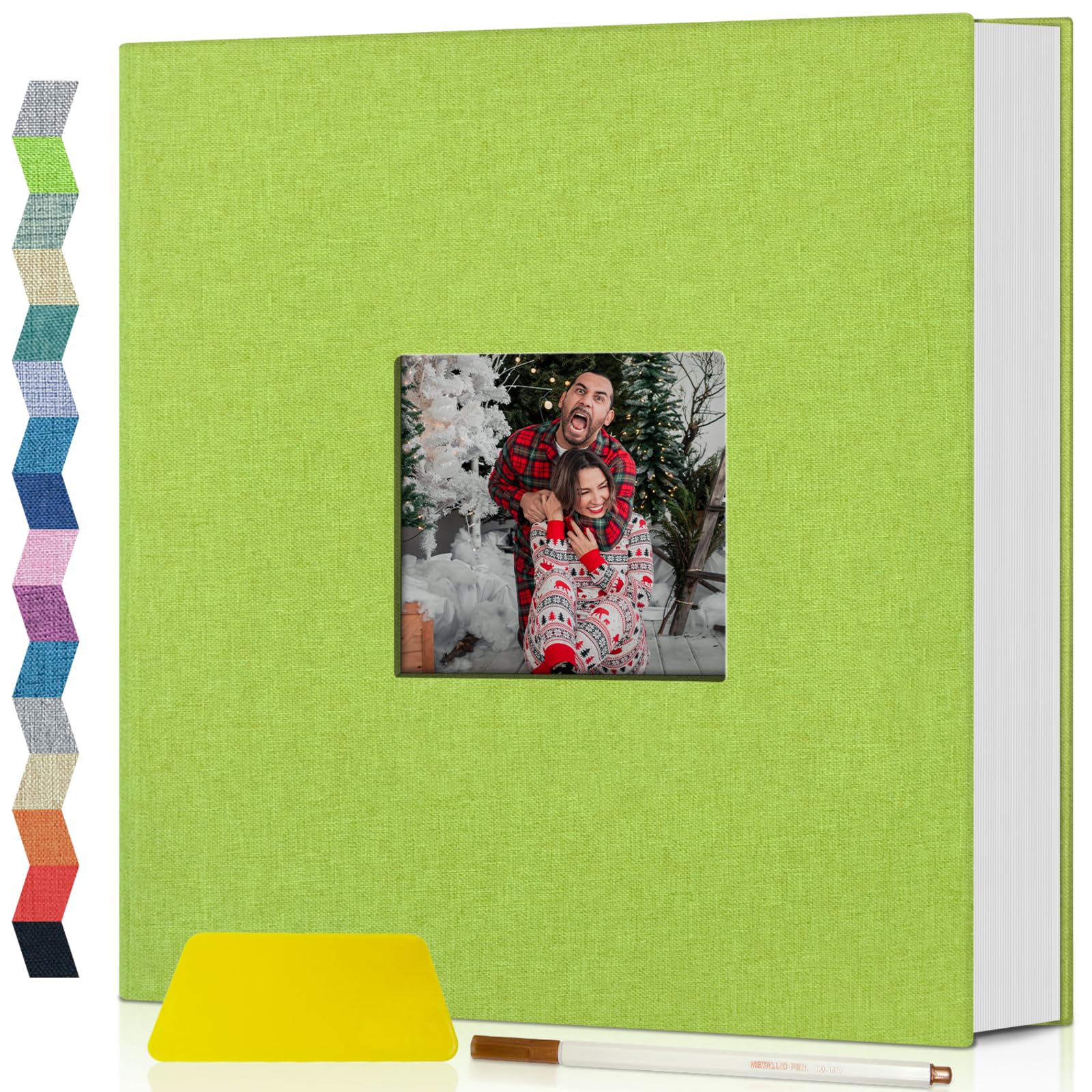 Popotop Self Adhesive Photo Album Scrapbook for 4x6 5x7 8x10 Pictures, 60 Pages Linen Hardcover DIY Memory Book, Scrapbooking Supplies Kits Birthday Gifts for Baby Wedding Family Travel Grass Green