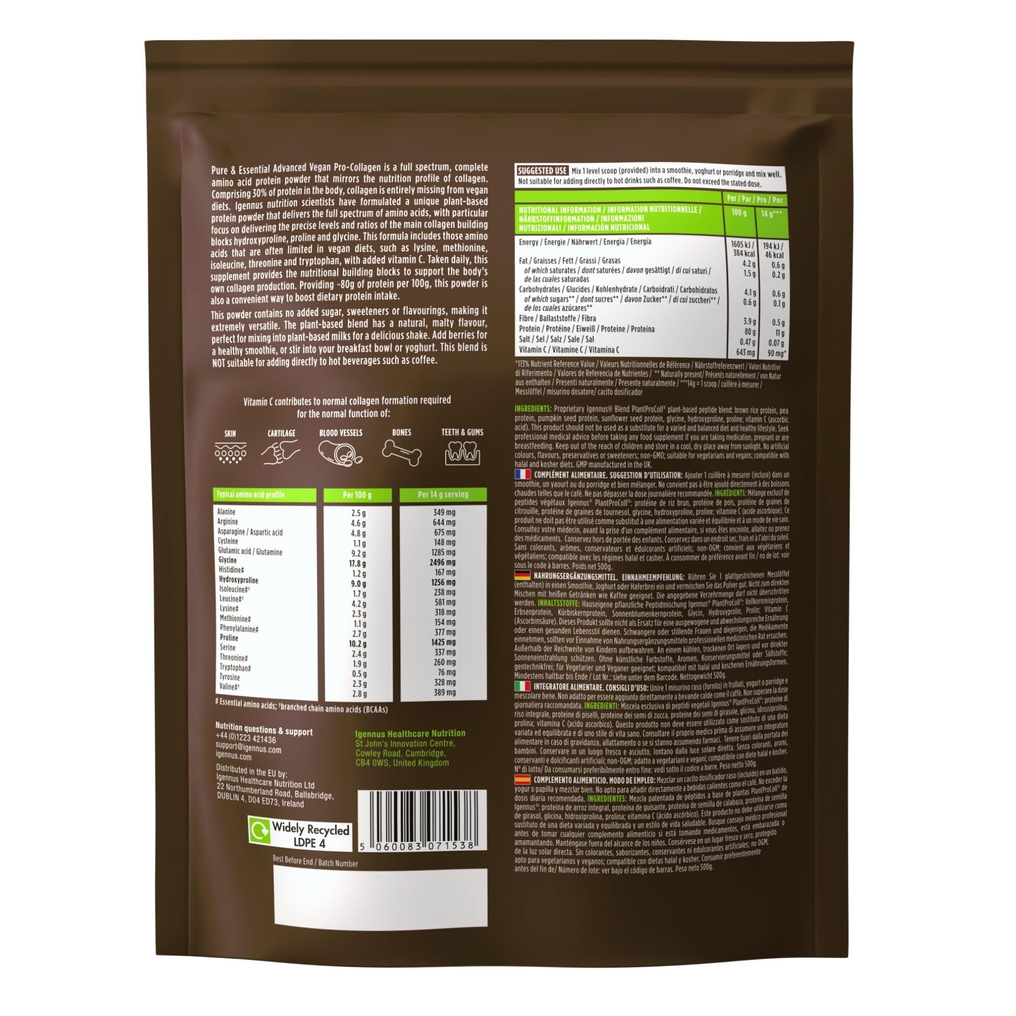 Collagène Vegan en Poudre Avancé avec Vitamine C, 11 g de Protéines, 21 Acides Aminés (y compris Glycine), Peptides de Collagène 100% Végétale, Non Aromatisé, 35 portions – par Igennus