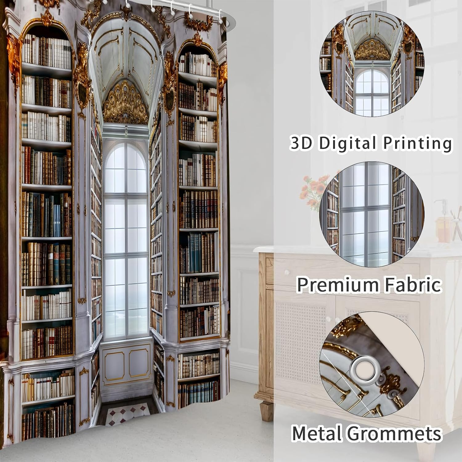 Library Bookshelf,Shower Curtain Vintage,70" WX70 H image 4