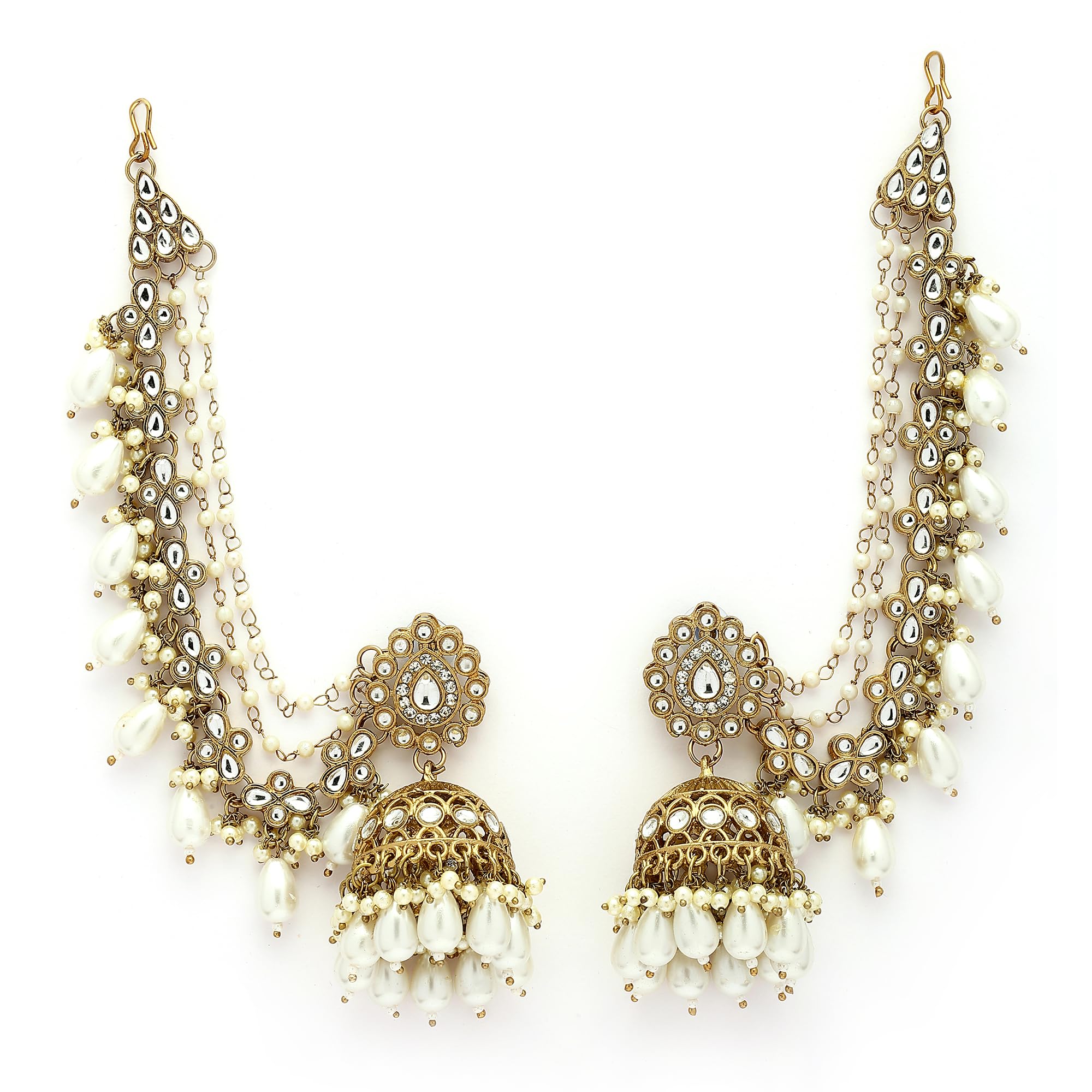 Traditional Gold Plated White Kundan Pearl Beaded Jhumkas With Multi Layered Ear Chain Earrings for Women & Girls