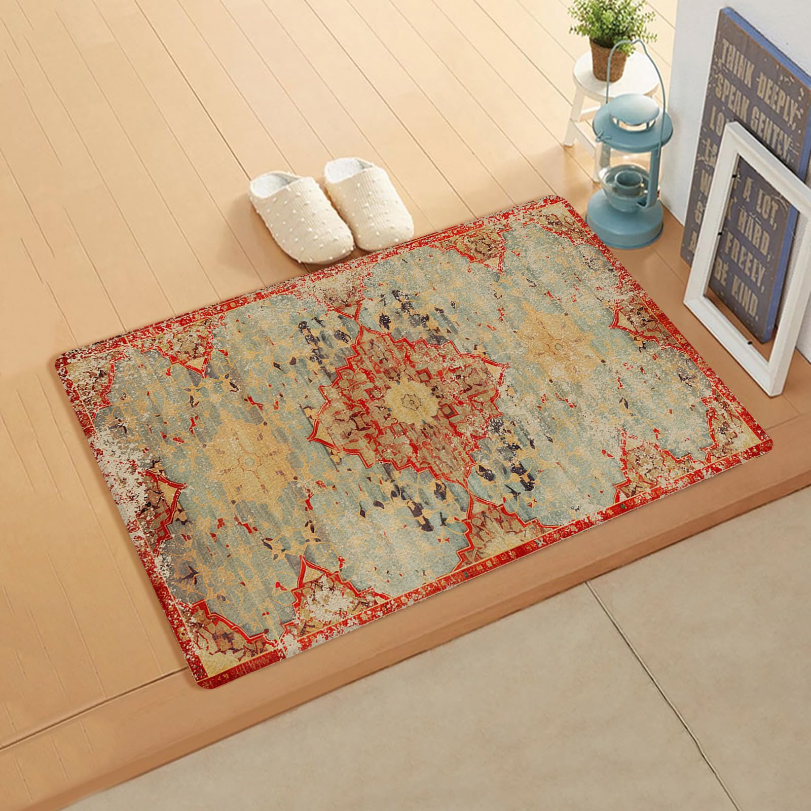 Western Rustic Kitchen Bath Door Mat Cushioned Runner Rug,Washable Welcome Floor Sink Antifatigue Mat,Waterproof & Non-Slip Comfort Standing Doormat,Vintage Shabby Chic Tribal Patterns Ethnic 20