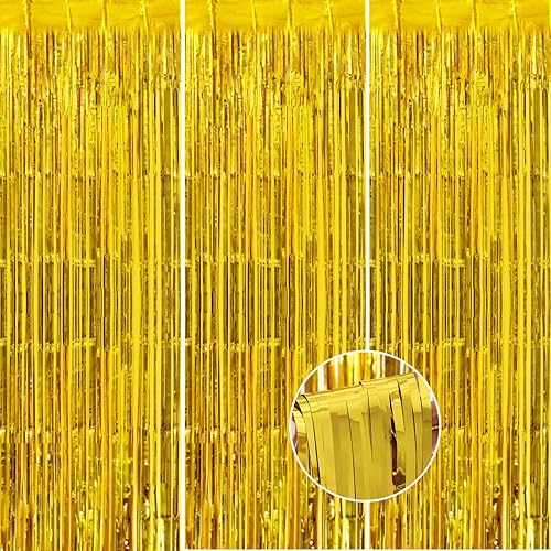 Paquete de 3 cortinas de flecos dorados de aluminio grueso de 3.2 x 8.2 pies, telón de fondo de fotos para cumpleaños, despedida de soltera,