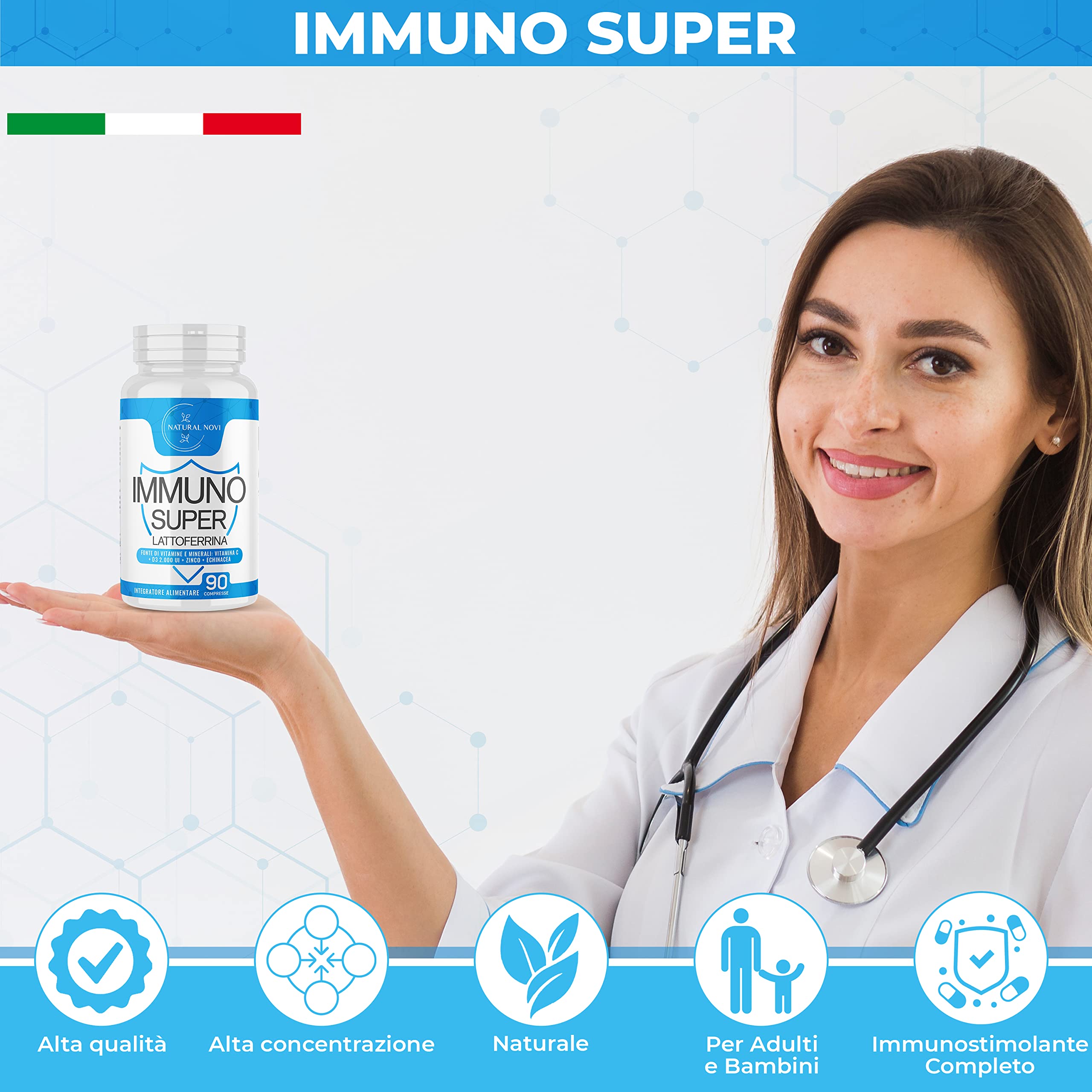 Immuno Super Lattoferrina Pura | 90 Compresse alto dosaggio | 3 mesi di Fornitura | con Vitamina D 2.000 UI | Echinacea | Vitamina C | Zinco | Immuno Stimolante | Rinforza sistema Immunitario