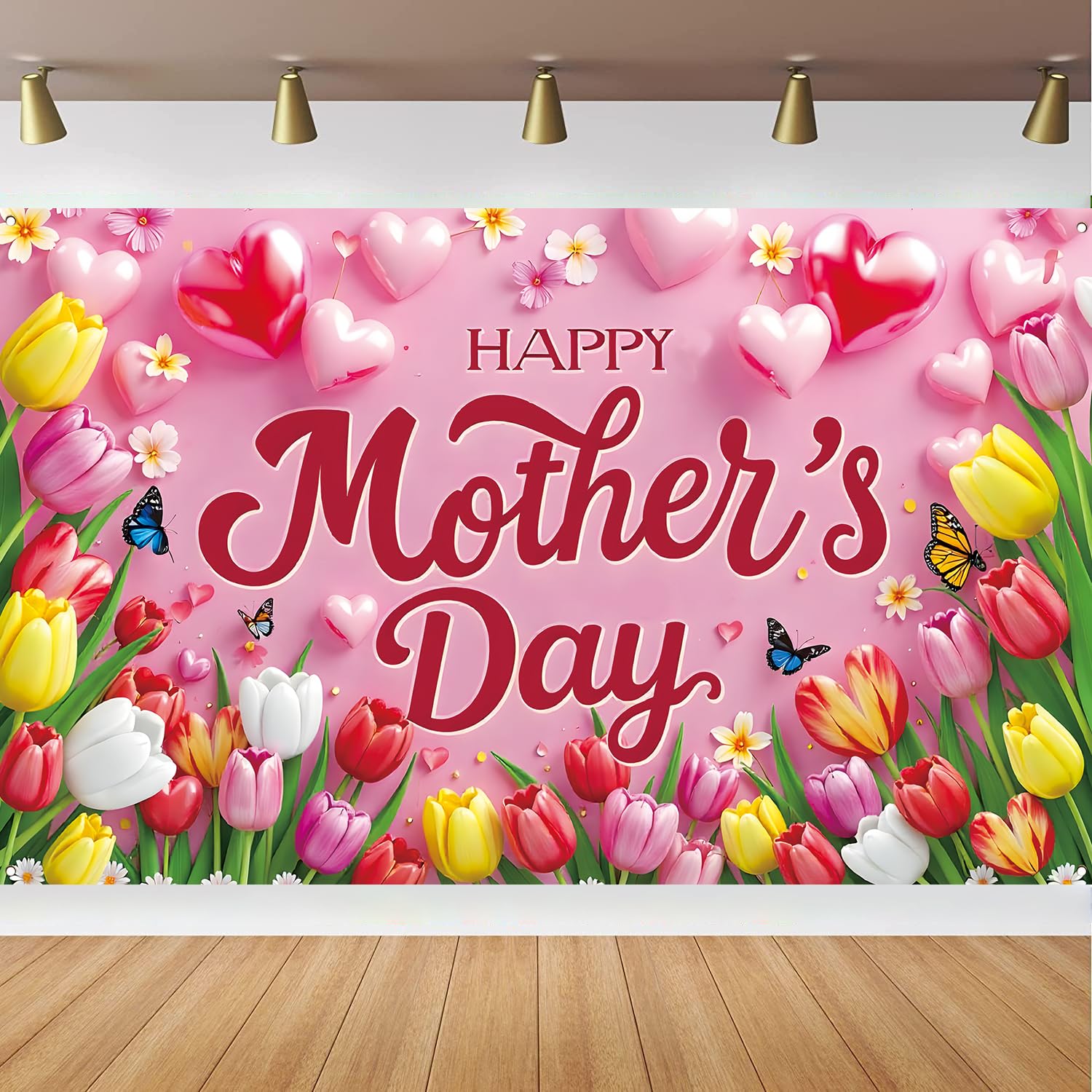 Happy Mothers Day Banner Decorations Backdrop Happy Mother's Day Flowers Tulip Pink Photography Background, 71 x 43 Inch