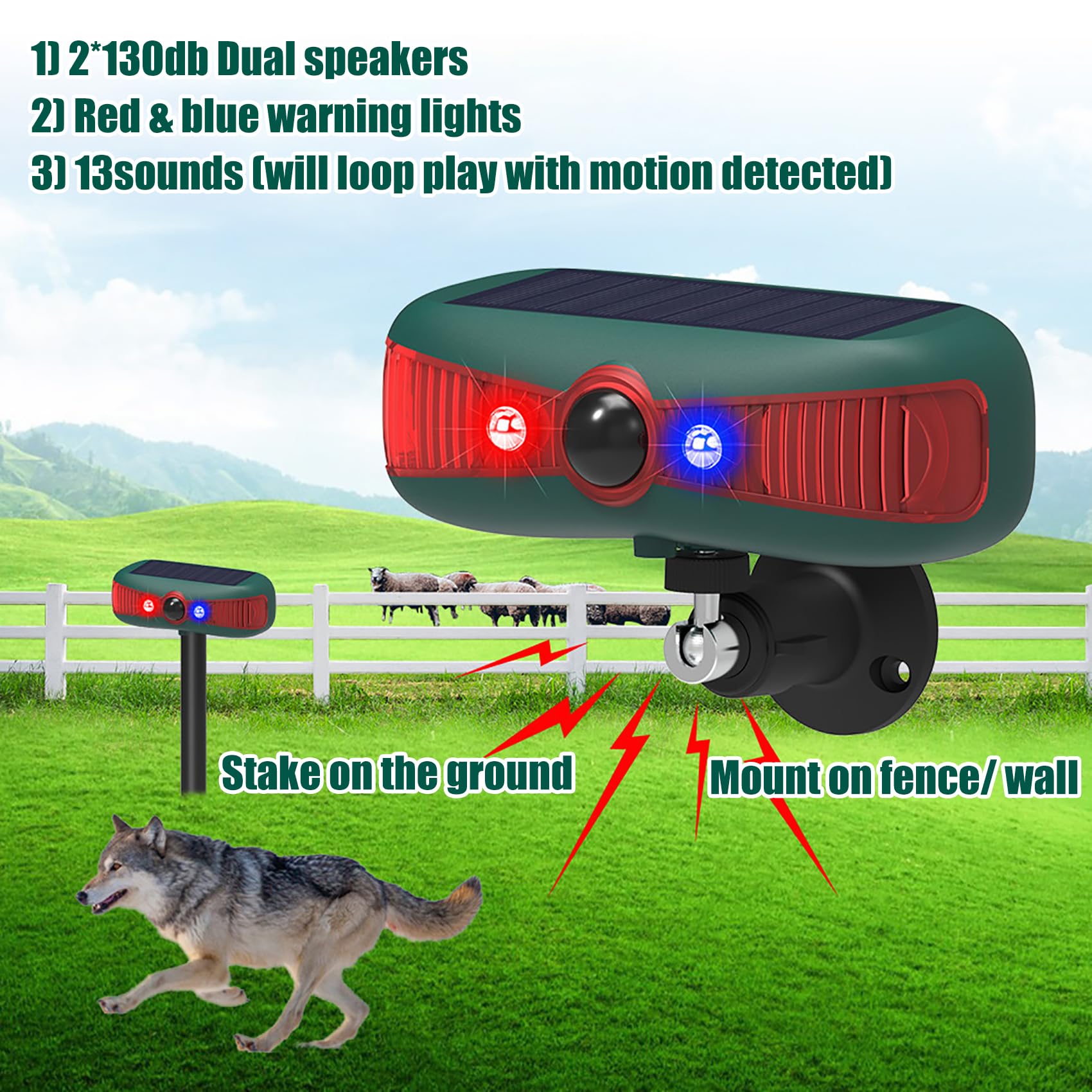 keeda Solar Motion Sensor Alarm Outdoor 129dB Loud Noise Maker Motion Detector 4 Work Modes Red Blue Flashing 13 Sounds Strobe Warning Light for Farm, Orchard, Pasture, Courtyard (2)