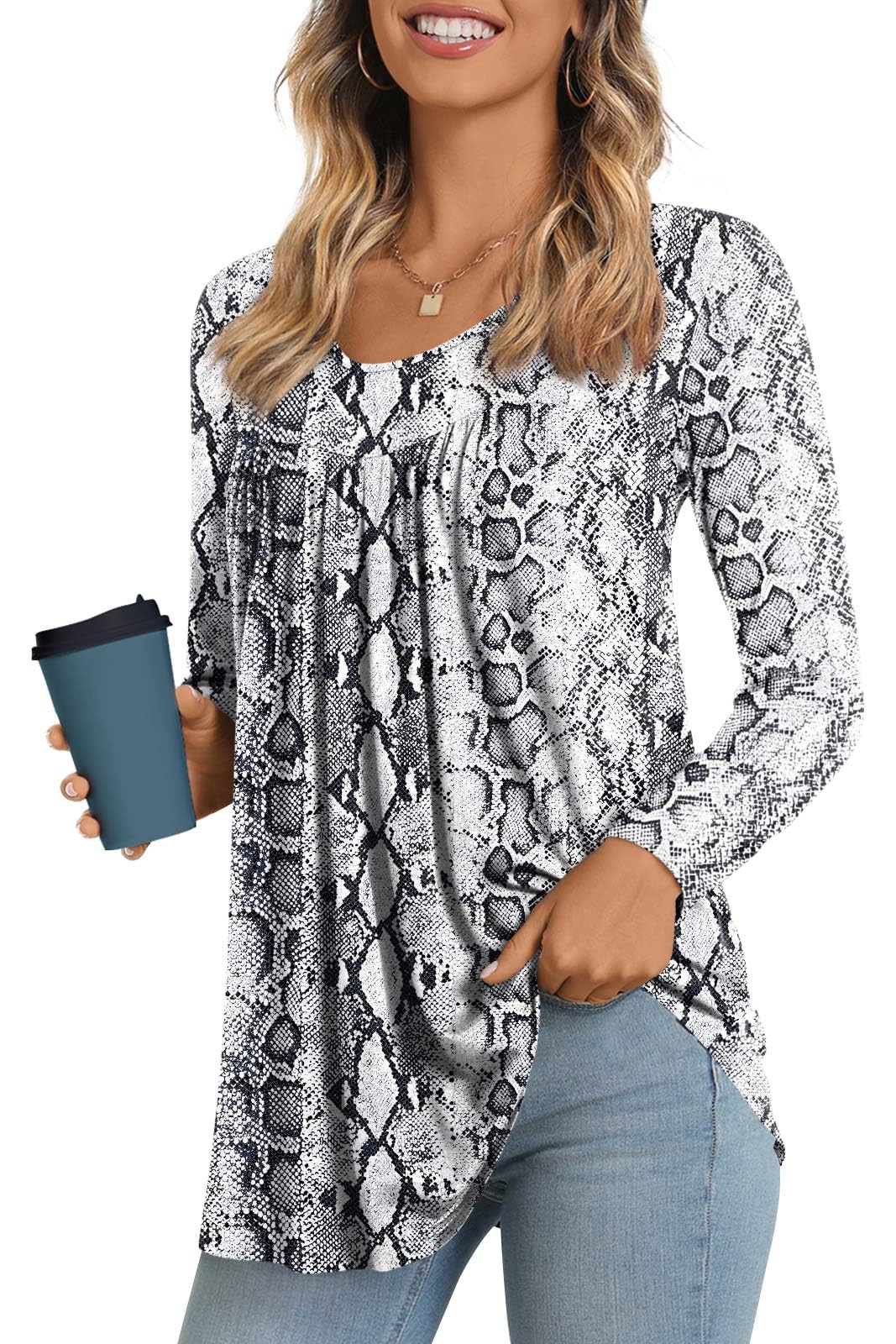 LONGYUAN Women's Long Sleeve Casual Tunics Tops 2025 Winter Loose Shirts Flare Blouse Comfy Elastic Cute