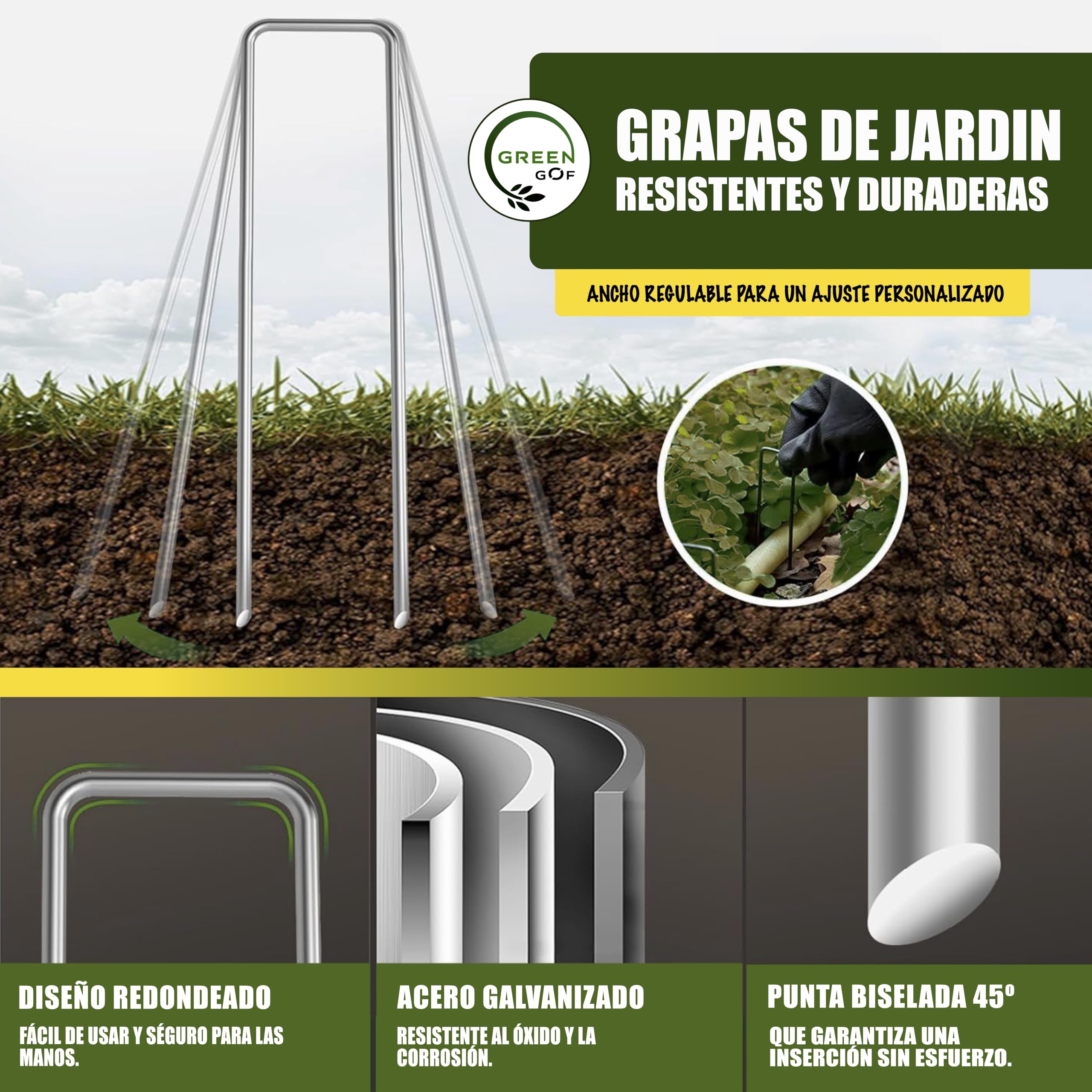 GREENGOF Grapas para Malla Antihierba, Cesped Artificial y Jardin, 200Unds - Acero Galvanizado, 15x4cm, Ø3mm - Ultra Resistentes y Anticorrosivas - Piquetas de Jardín, Anclaje al Suelo.