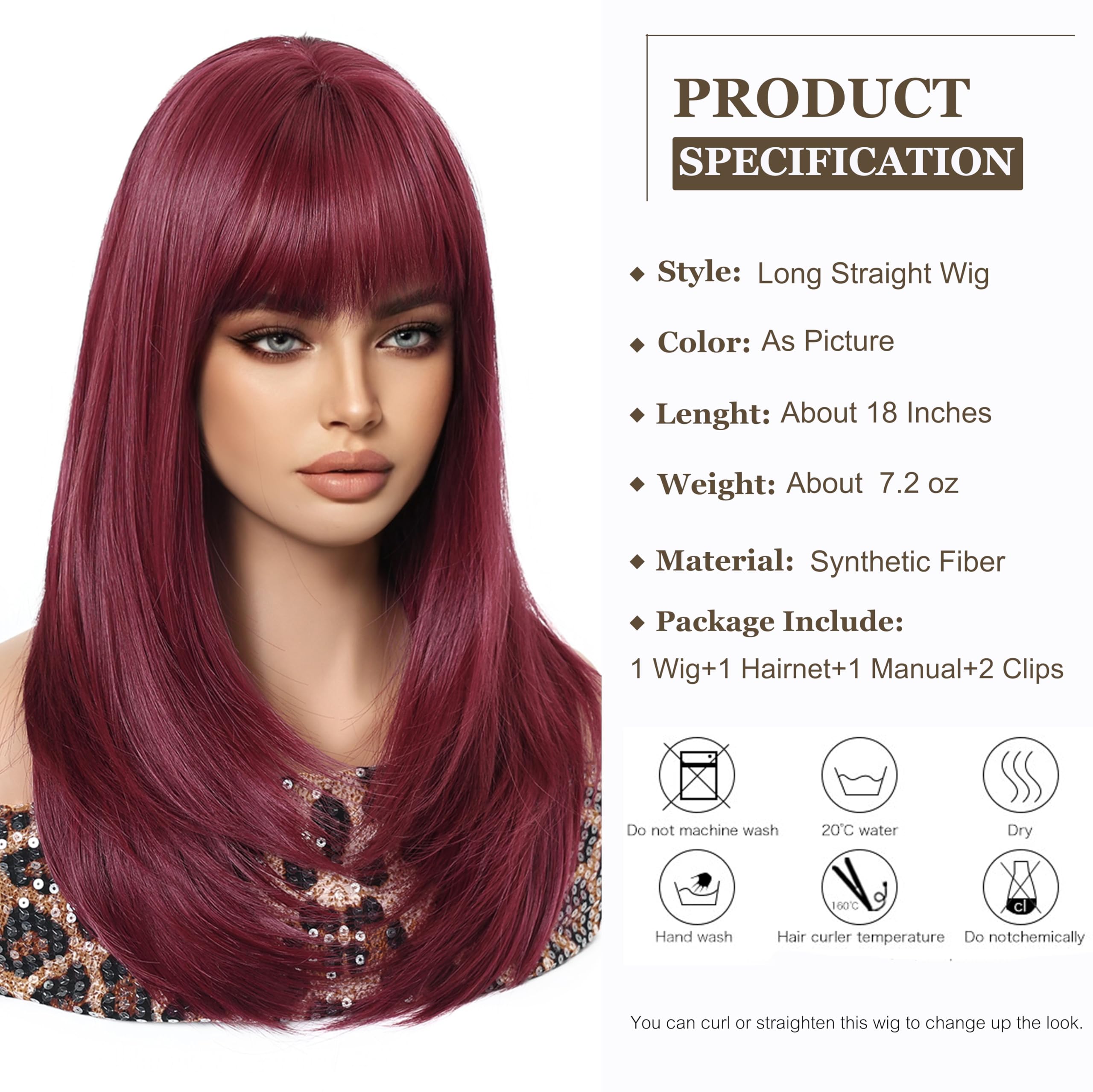 Esmee Long Straight Wine Red Wigs for Women with Fringe Natural Synthetic Hair Ombre Wig for Daily & Party Use - Image 2