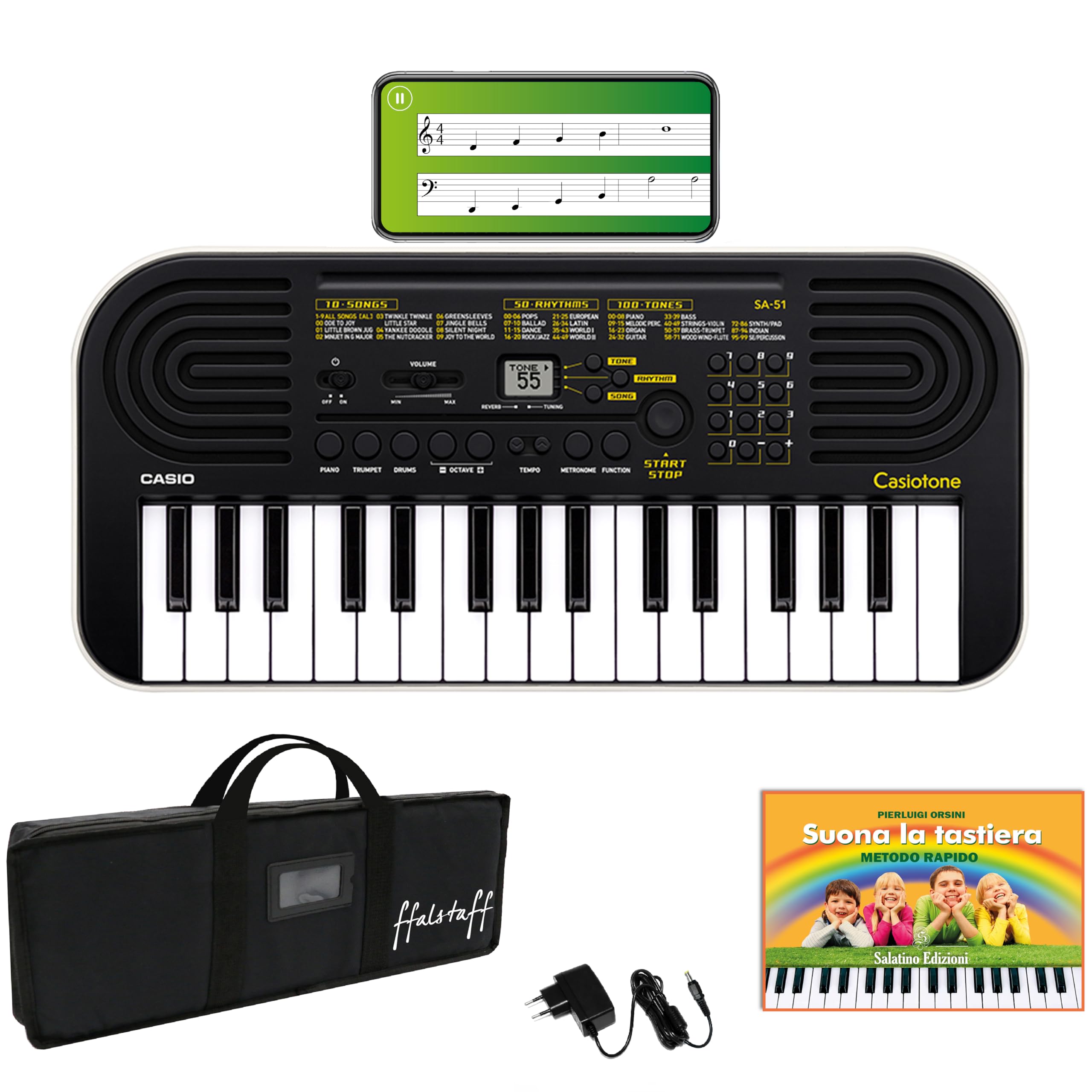 Kit Tastiera Casio SA51 (Fondo Bianco) con Alimentatore, Borsa ffalstaff ® con Tracolla e Maniglie per un Comodo Trasporto, App di Apprendimento e E-book "Suona la Tastiera"