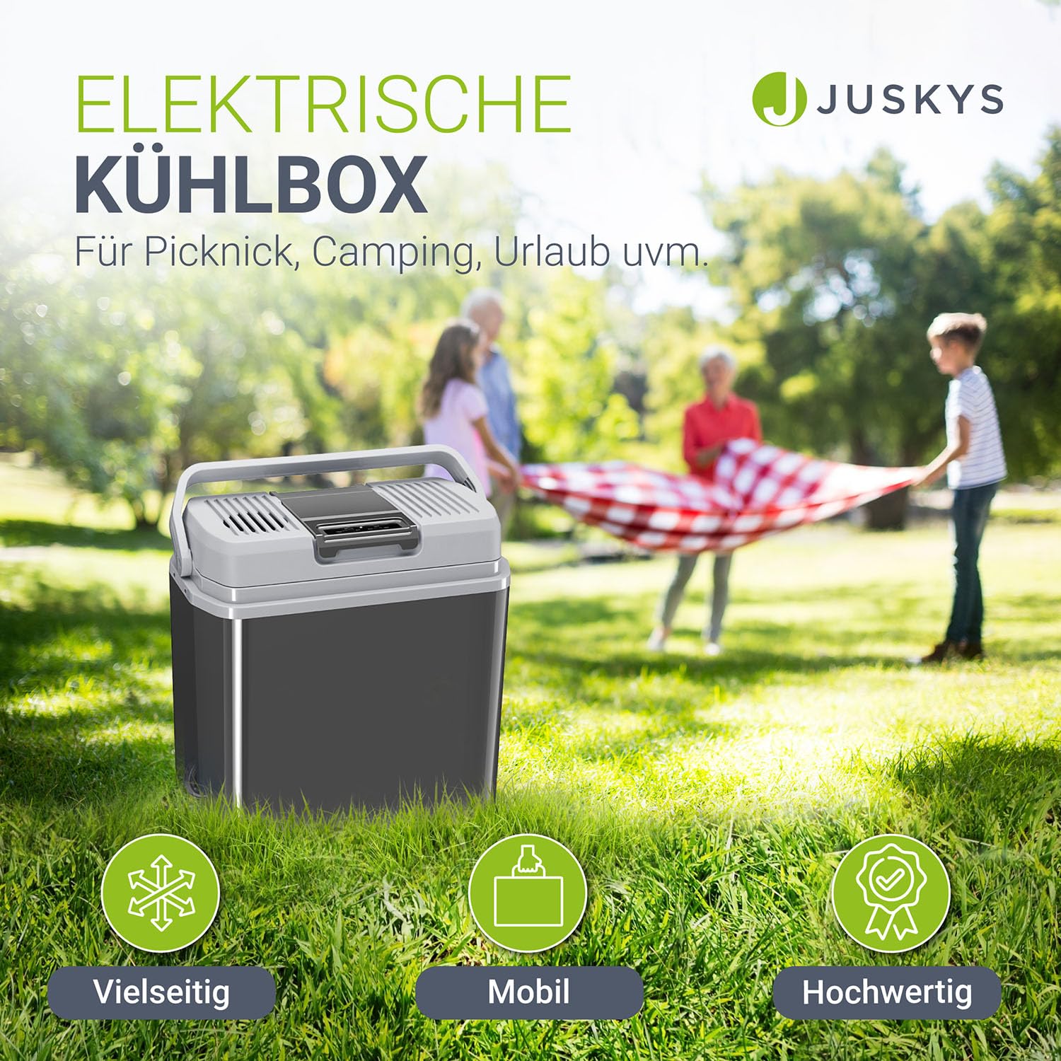 Juskys Nordpol Kühlbox elektrisch 24 L | Kühlt & wärmt | Kühlbox für Auto, Camping & Steckdose | 12V & 230V Anschluss | thermoelektrischer Mini Kühlschrank | ECO-Modus 48 dB & nur 3,6 kg leicht