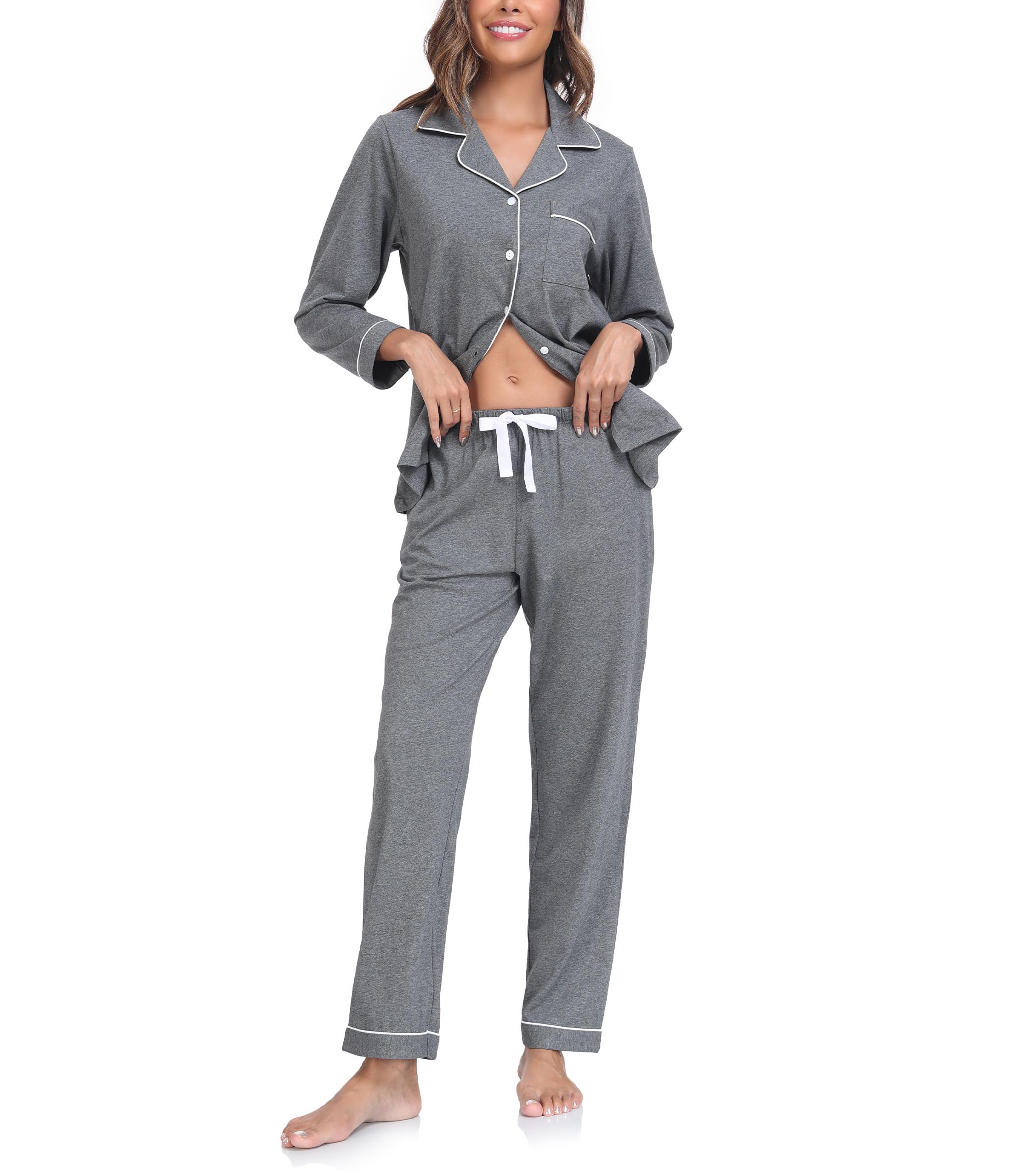 COLORFULLEAF Pigiama da donna, 100% cotone, con bottoni, a maniche lunghe, set da 2 pezzi, biancheria da notte